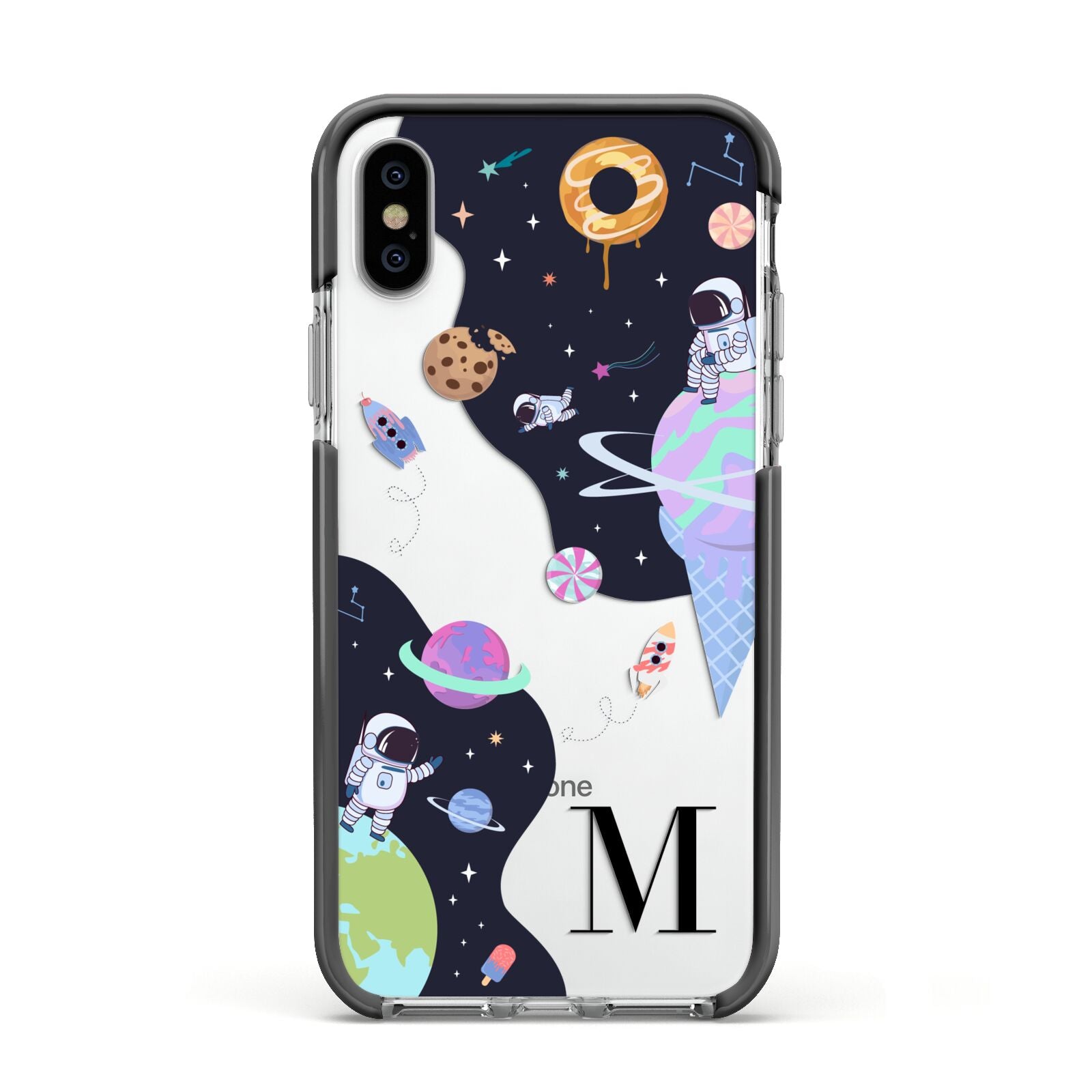 Two Candyland Galaxies Apple iPhone Xs Impact Case Black Edge on Silver Phone