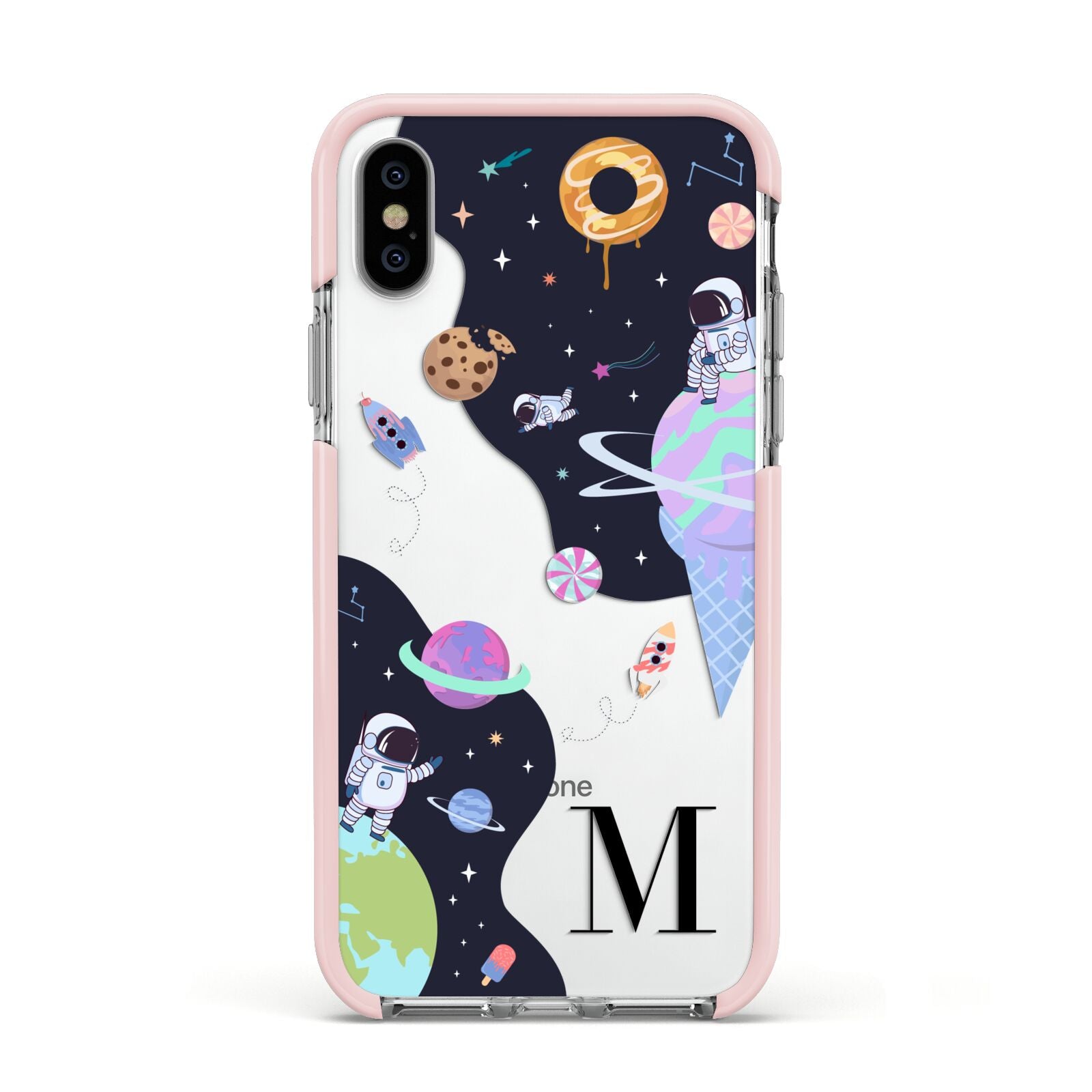 Two Candyland Galaxies Apple iPhone Xs Impact Case Pink Edge on Silver Phone