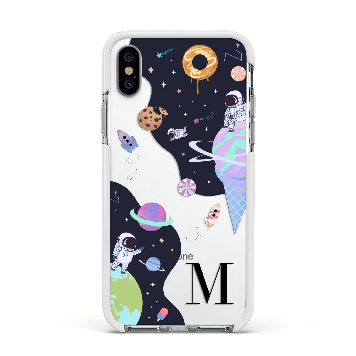 Two Candyland Galaxies Apple iPhone Xs Impact Case White Edge on Silver Phone