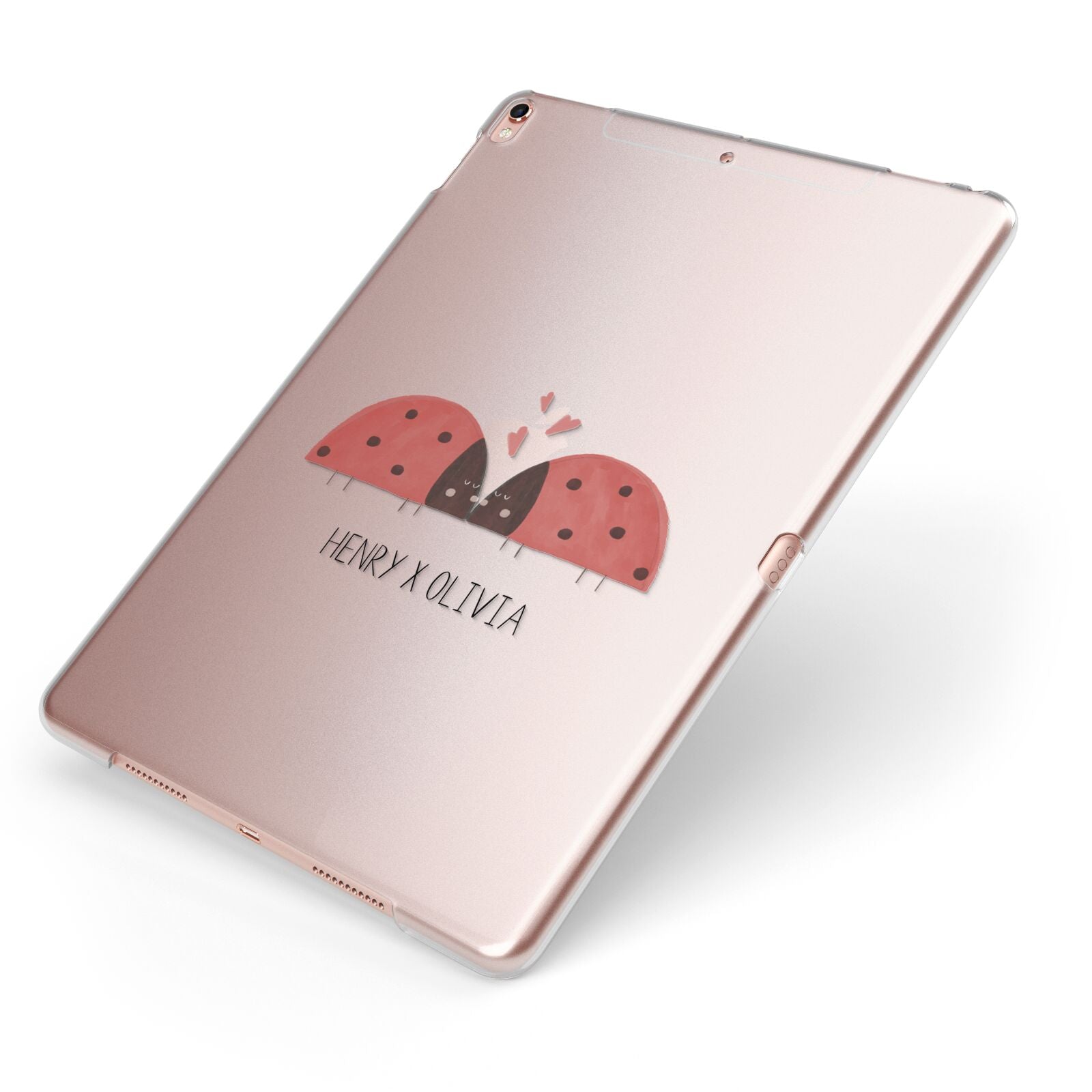 Two Ladybirds Apple iPad Case on Rose Gold iPad Side View