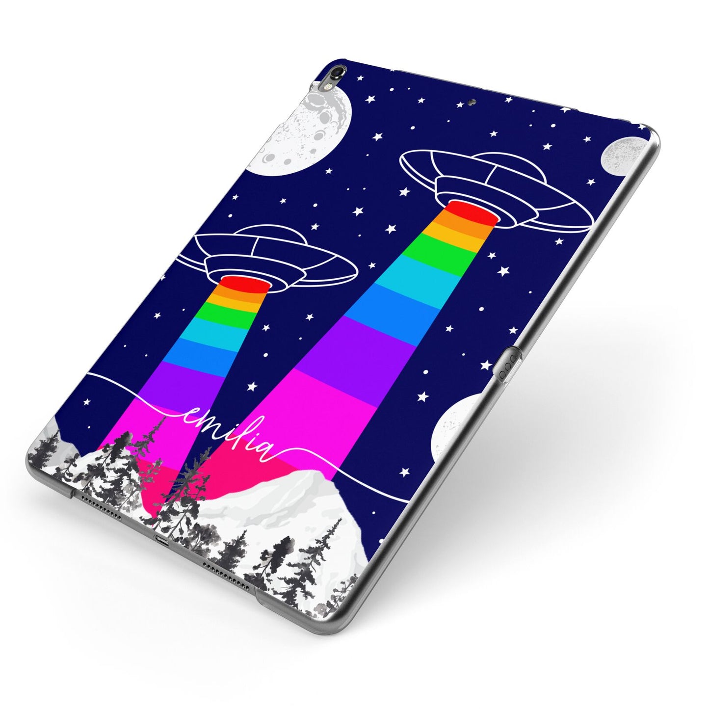 UFO Forest Scene Personalised Name Apple iPad Case on Grey iPad Side View