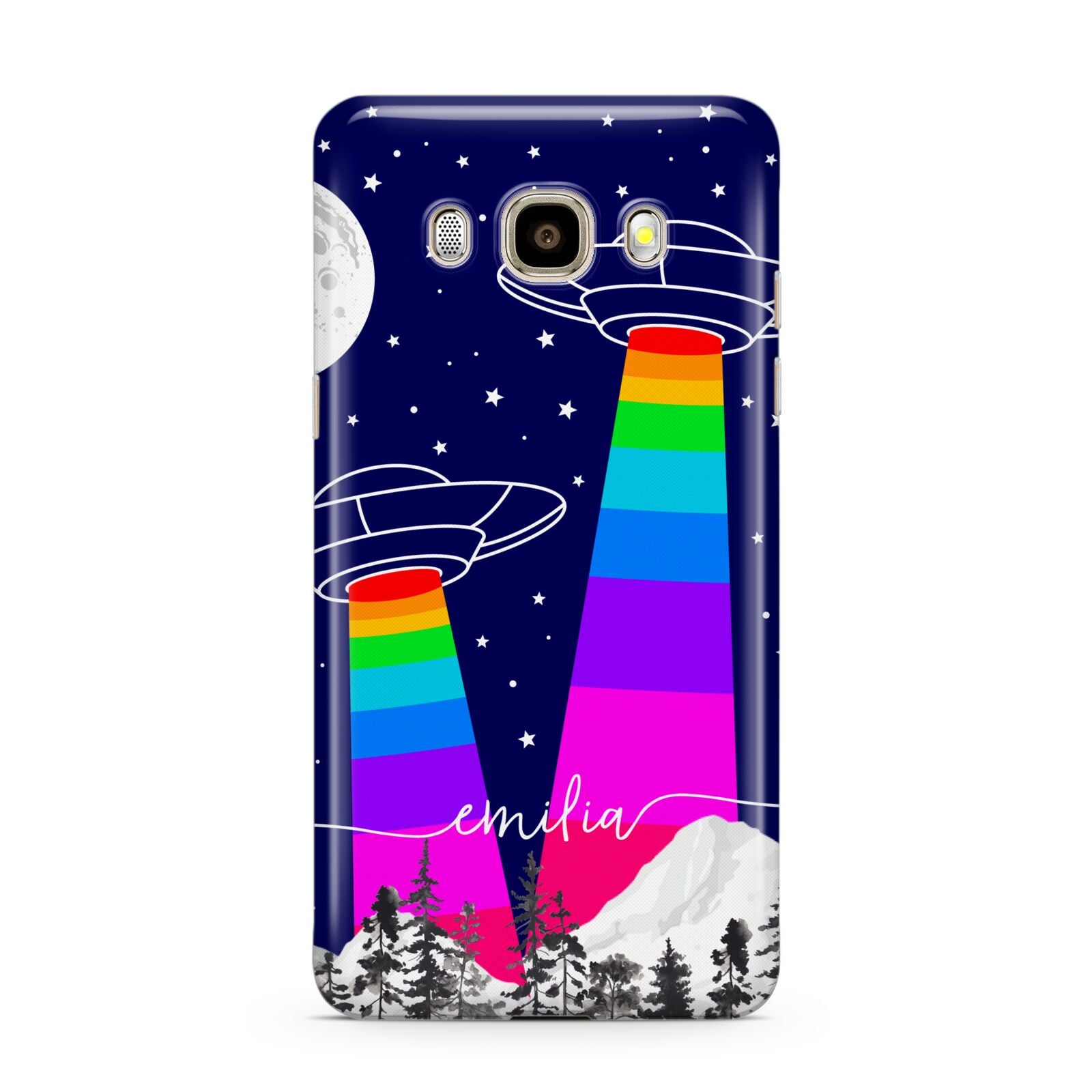 UFO Forest Scene Personalised Name Samsung Galaxy J7 2016 Case on gold phone