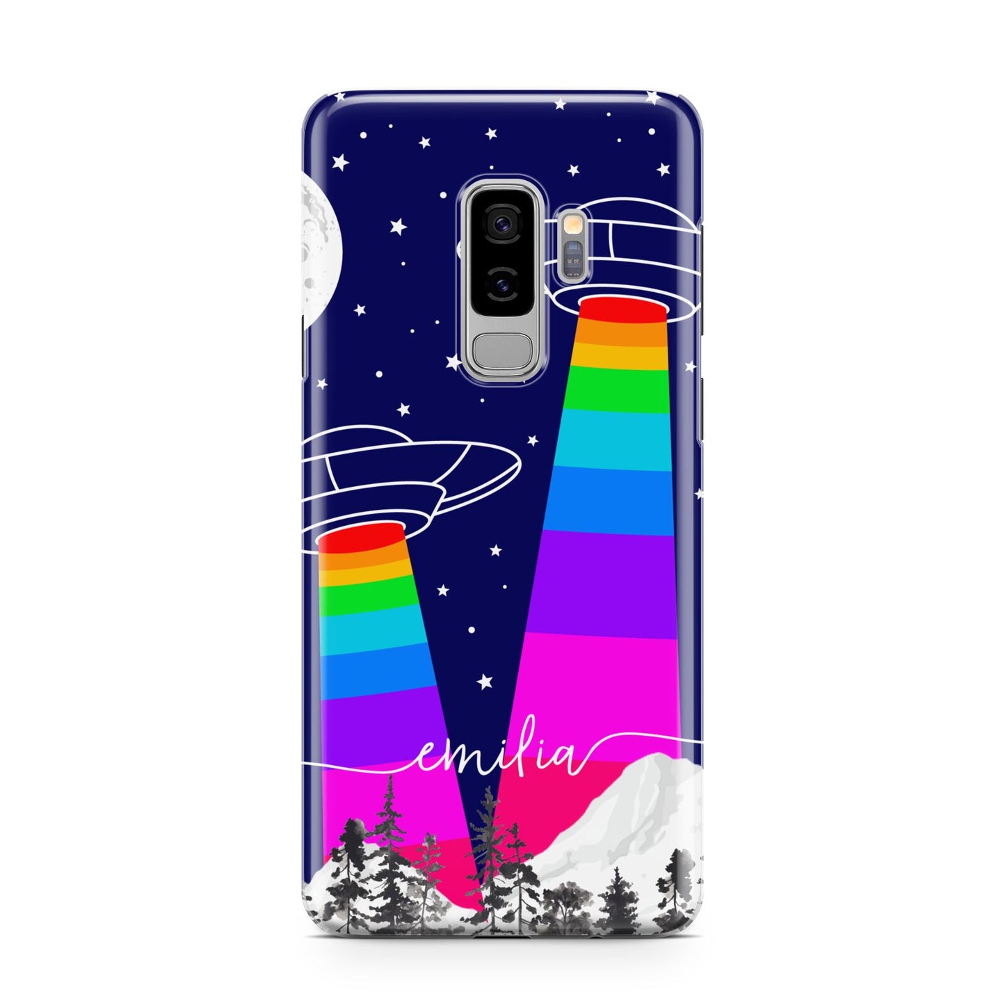 UFO Forest Scene Personalised Name Samsung Galaxy S9 Plus Case on Silver phone