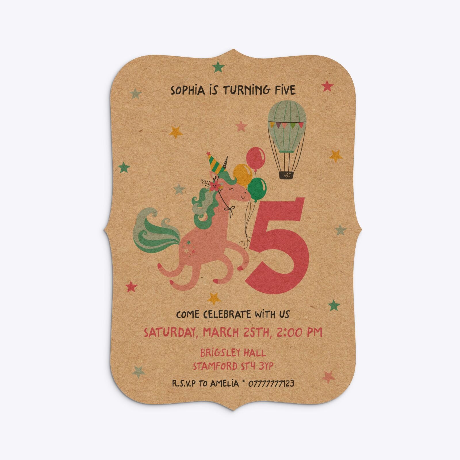 Unicorn Personalised Happy Birthday Bracket Invitation Kraft