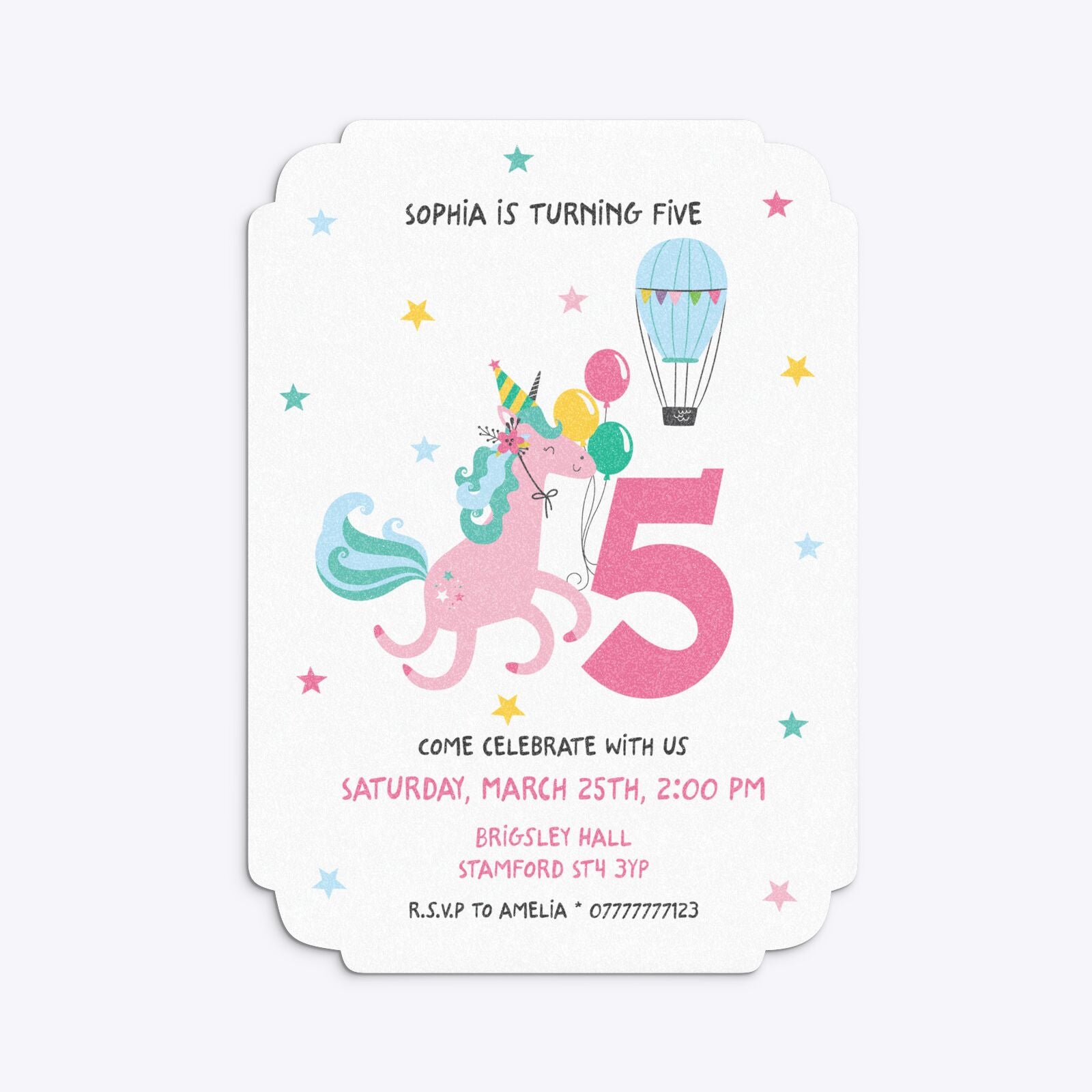 Unicorn Personalised Happy Birthday Deco Invitation Glitter