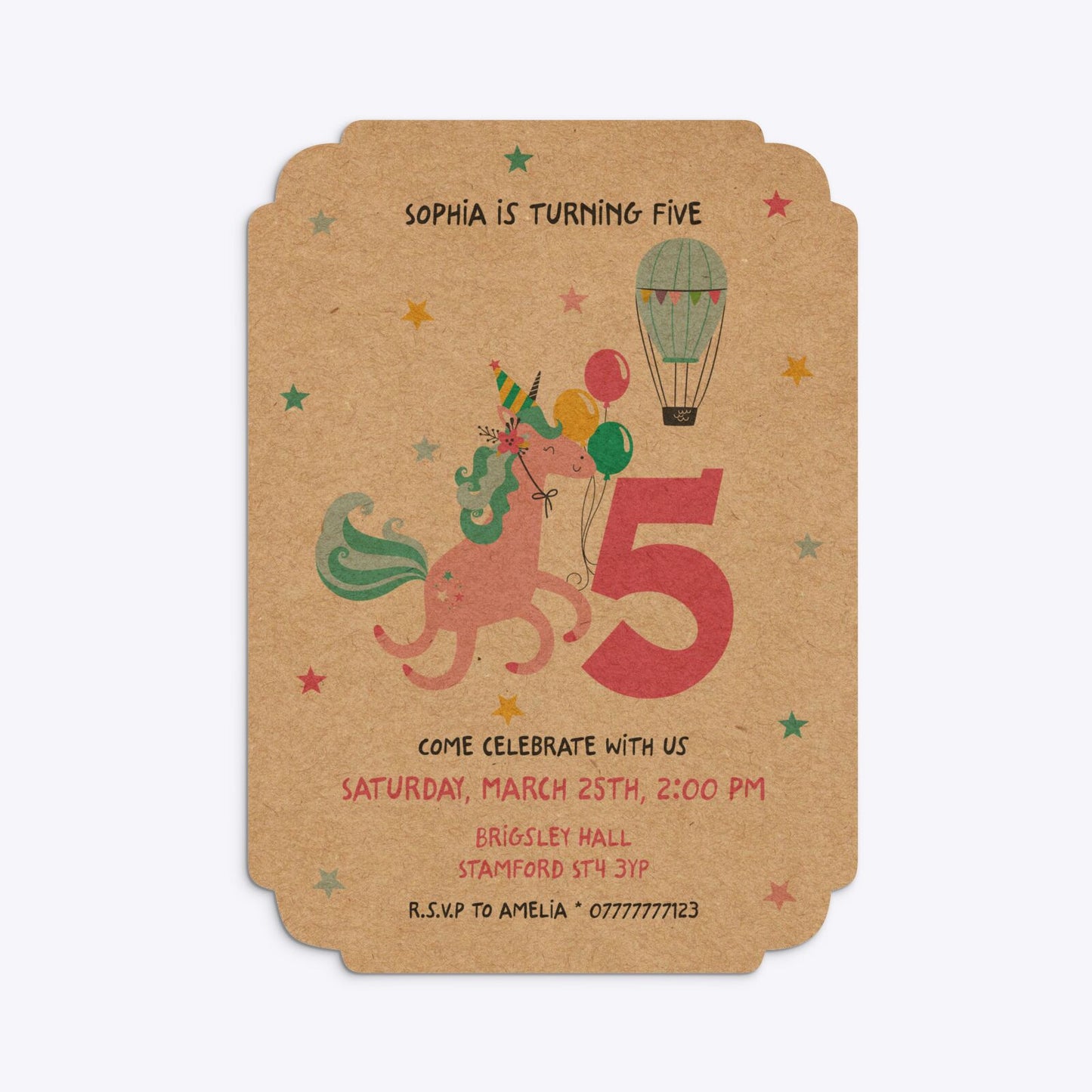 Unicorn Personalised Happy Birthday Deco Invitation Kraft