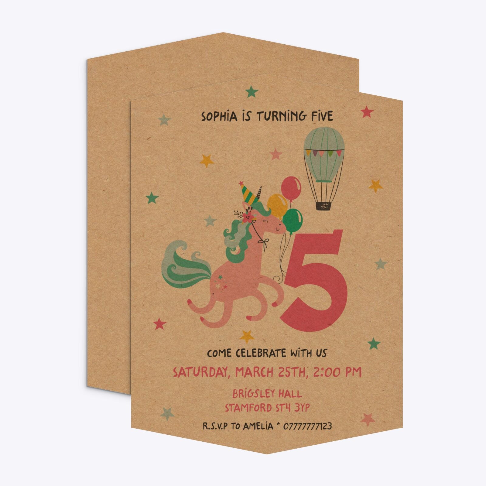 Unicorn Personalised Happy Birthday Geo Invitation Kraft Front and Back Image