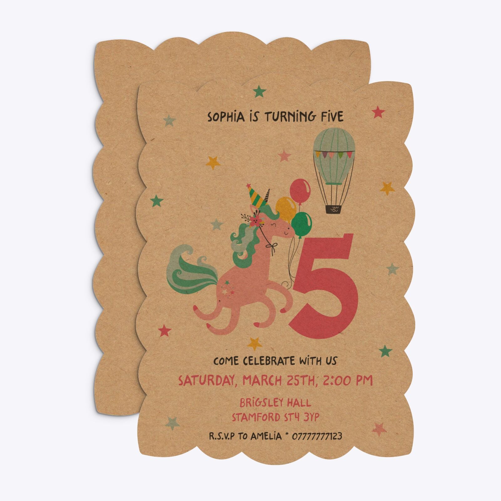 Unicorn Personalised Happy Birthday Petal Invitation Kraft Front and Back Image