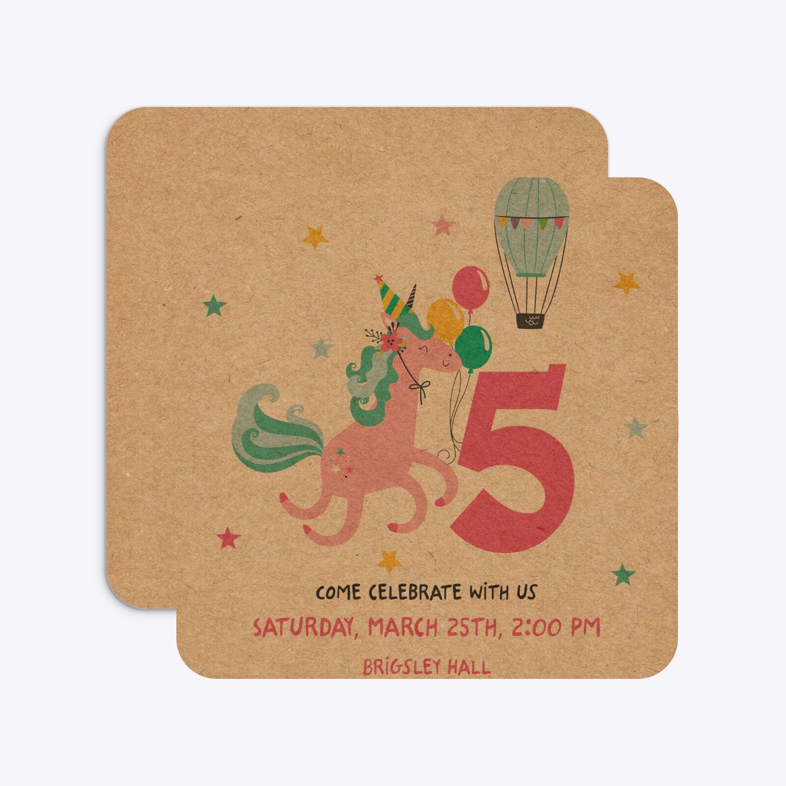 Unicorn Personalised Happy Birthday Rounded 5 25x5 25 Invitation Kraft Front and Back Image