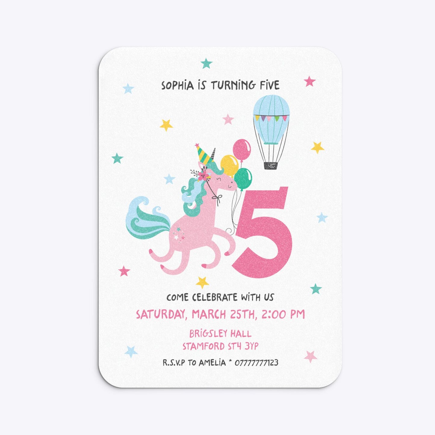 Unicorn Personalised Happy Birthday Rounded Invitation Glitter