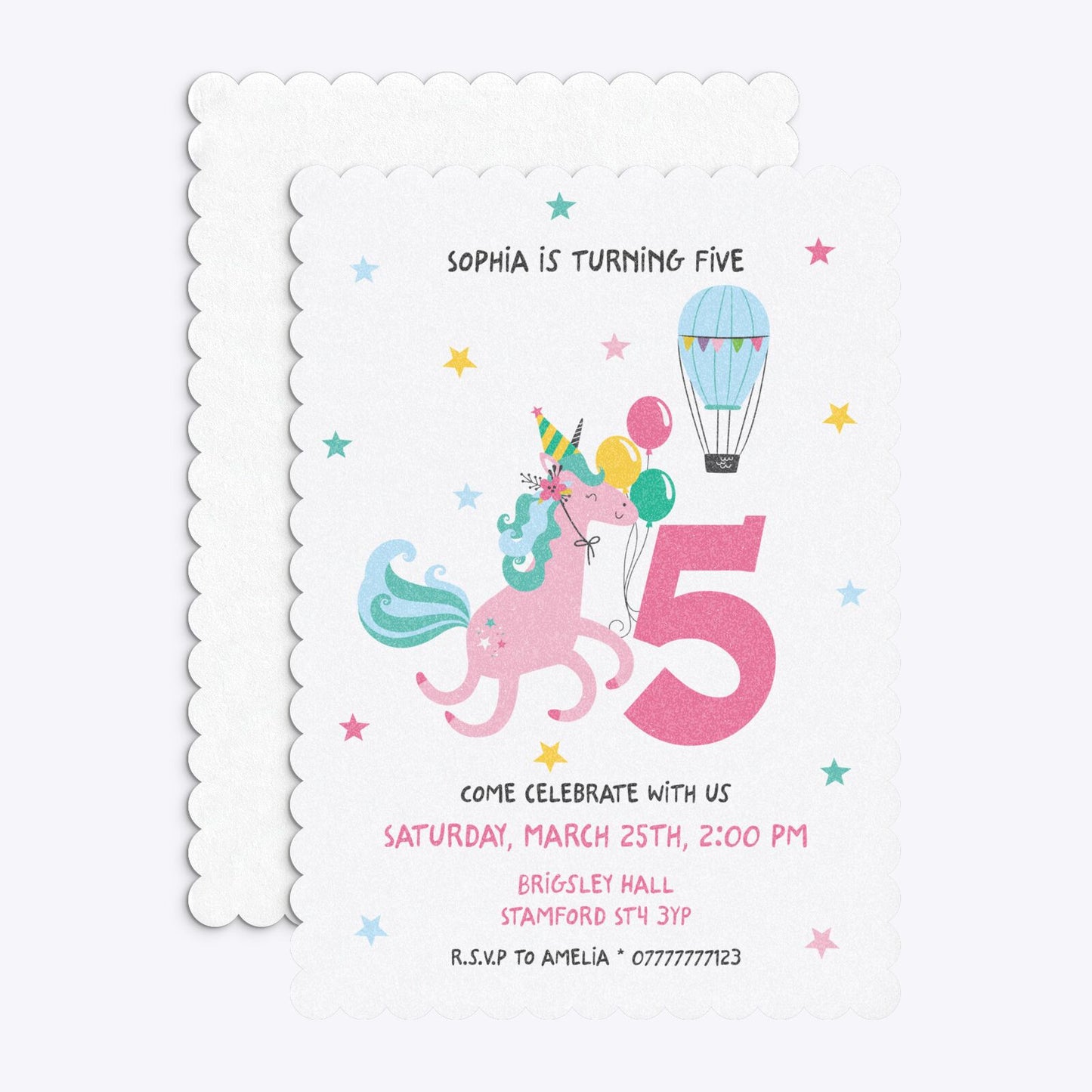 Unicorn Personalised Happy Birthday Scalloped Invitation Glitter Front and Back Image