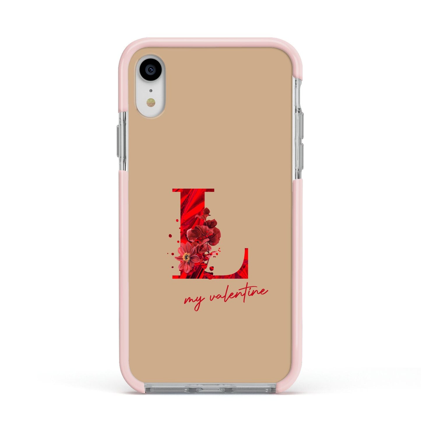 Valentine Monogram Apple iPhone XR Impact Case Pink Edge on Silver Phone