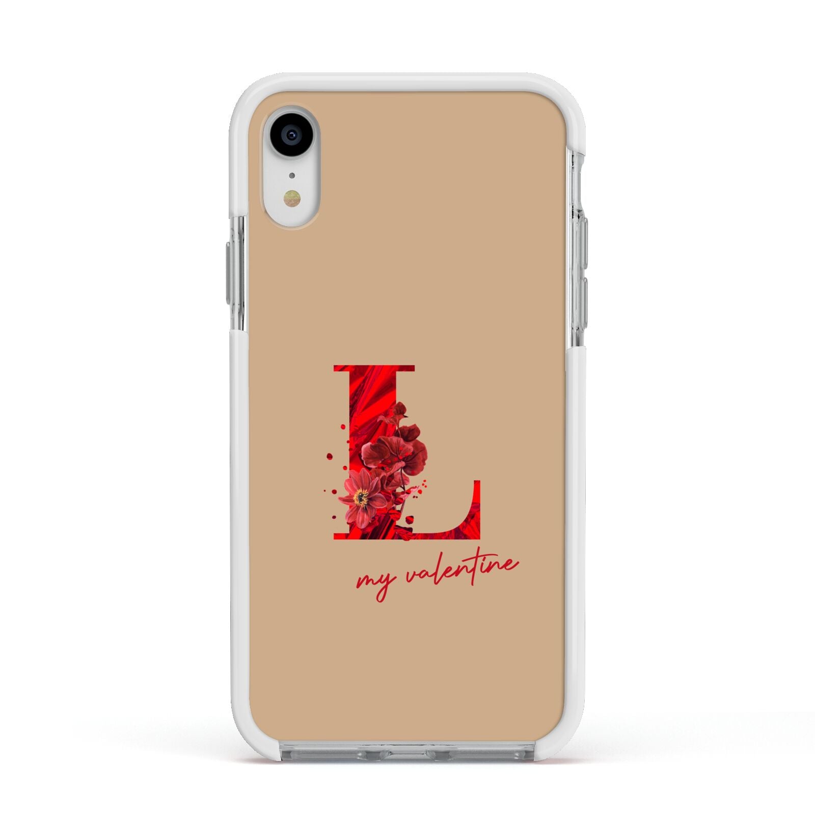 Valentine Monogram Apple iPhone XR Impact Case White Edge on Silver Phone