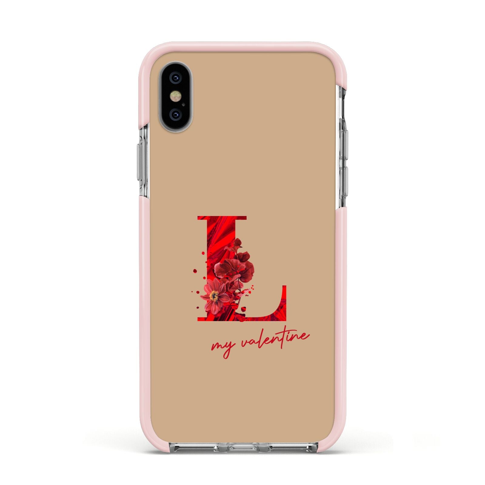 Valentine Monogram Apple iPhone Xs Impact Case Pink Edge on Silver Phone