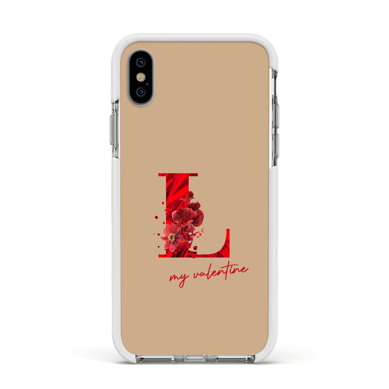 Valentine Monogram Apple iPhone Xs Impact Case White Edge on Silver Phone