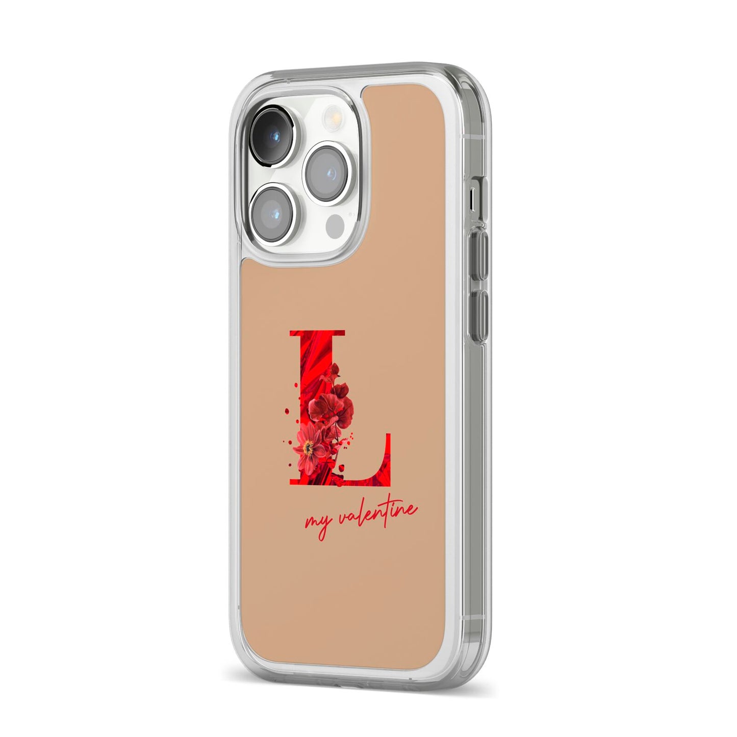 Valentine Monogram iPhone 14 Pro Clear Tough Case Silver Angled Image