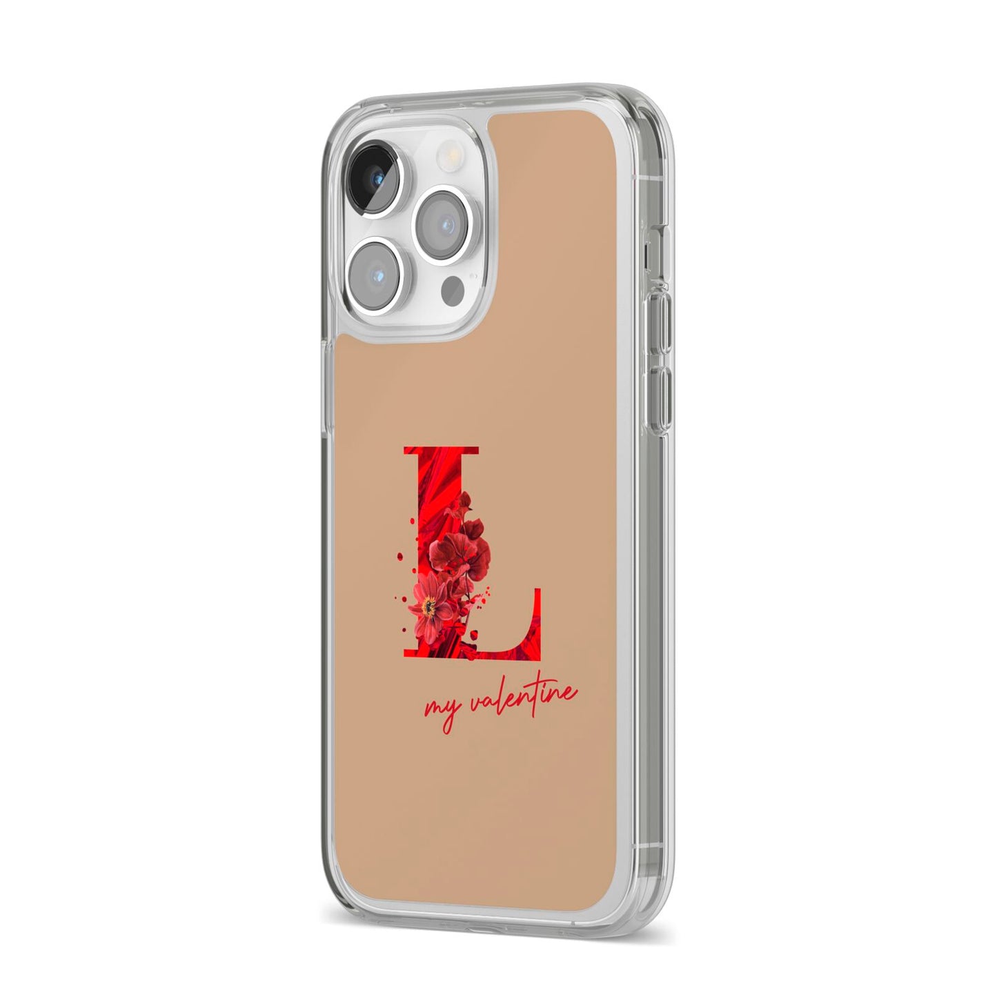 Valentine Monogram iPhone 14 Pro Max Clear Tough Case Silver Angled Image