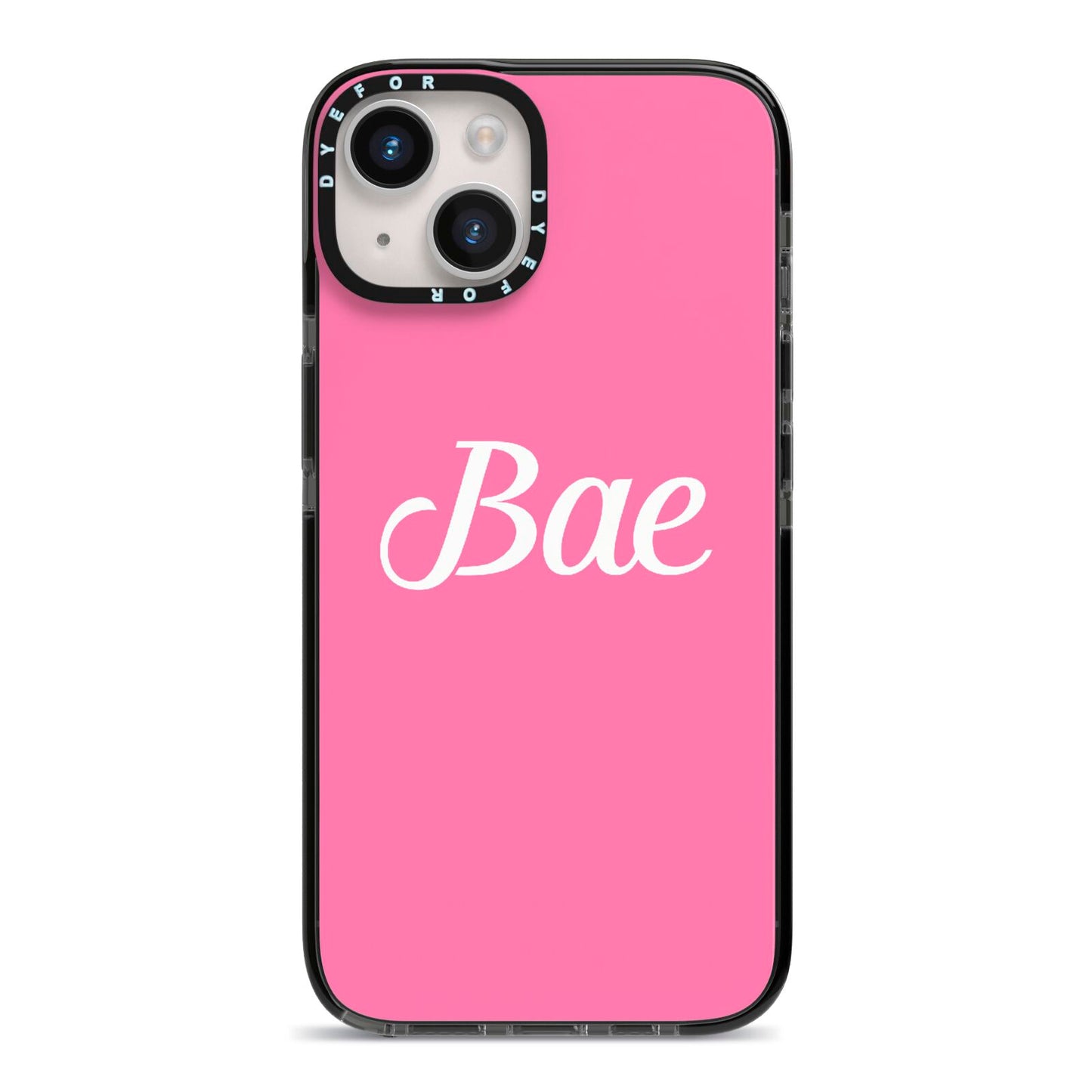 Valentines Bae Text Pink iPhone 14 Black Impact Case on Silver phone