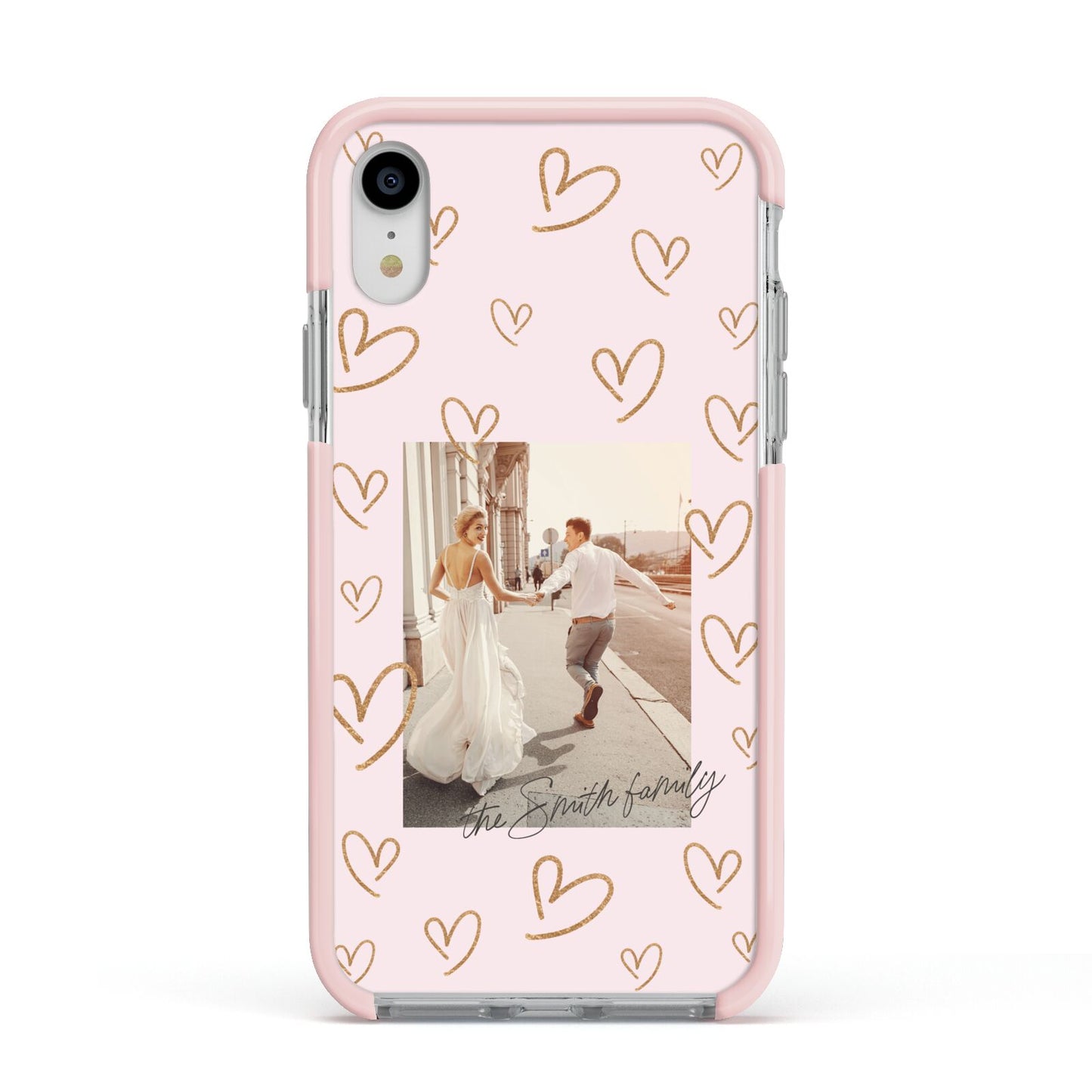 Valentines Day Newly Wed Photo Personalised Apple iPhone XR Impact Case Pink Edge on Silver Phone