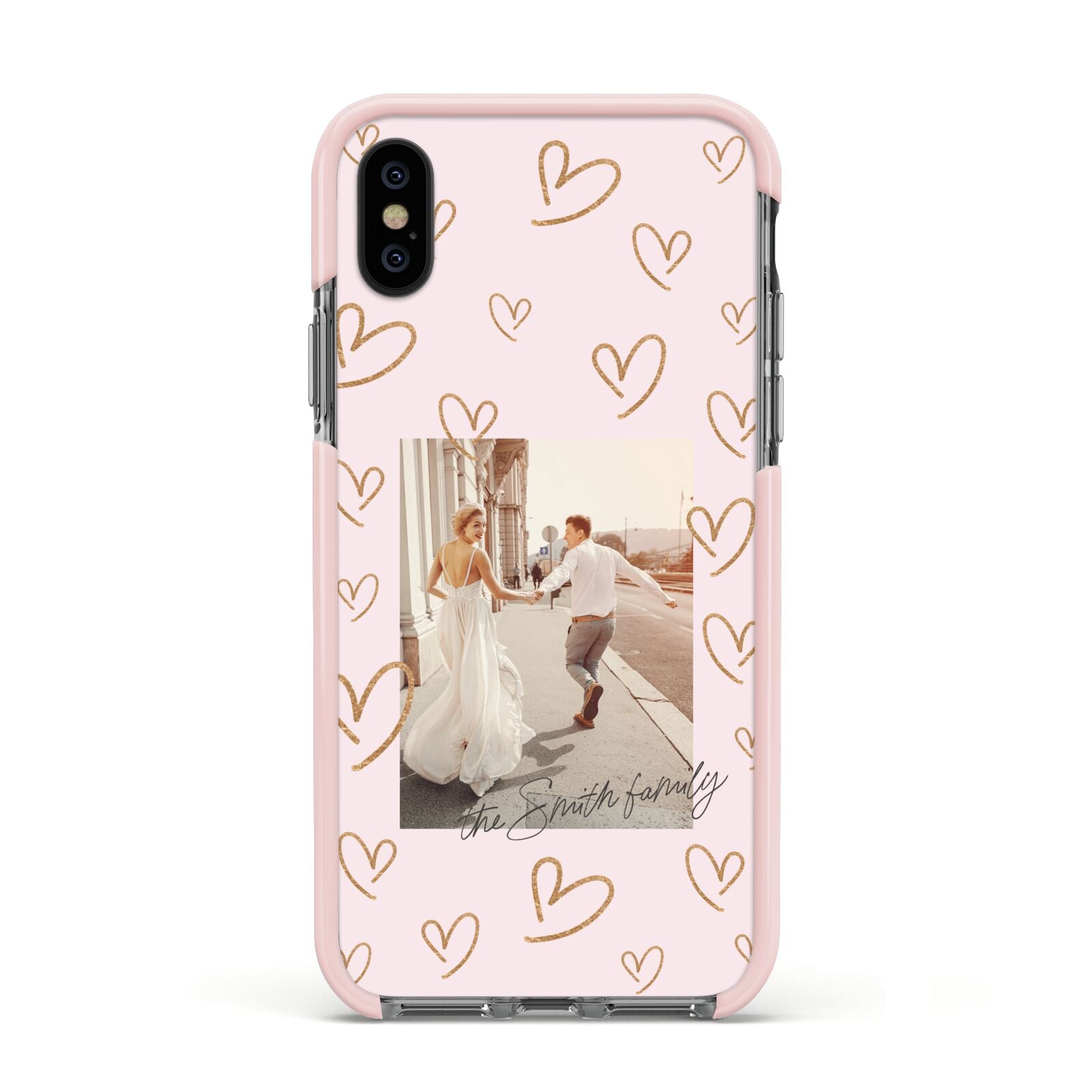 Valentines Day Newly Wed Photo Personalised Apple iPhone Xs Impact Case Pink Edge on Black Phone