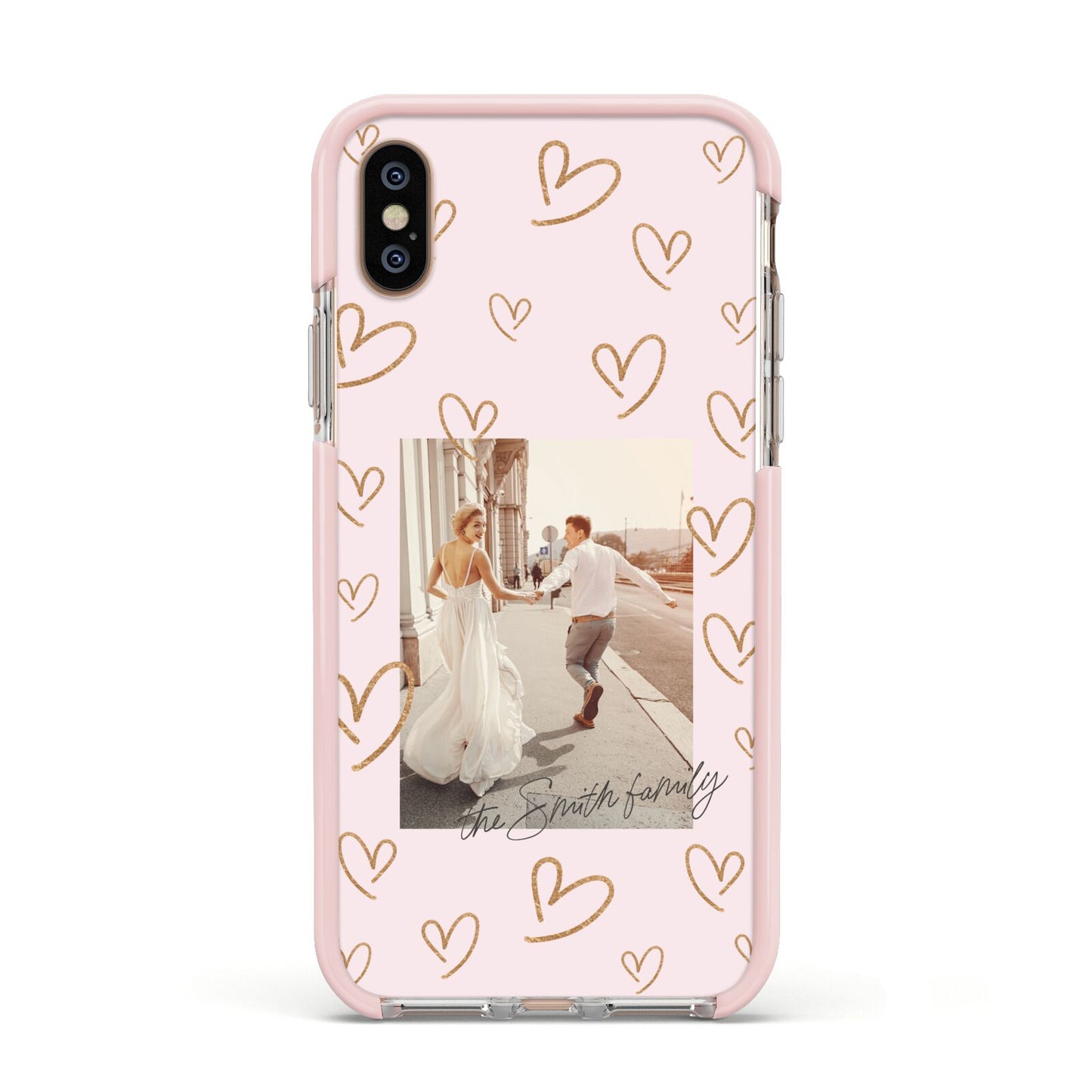 Valentines Day Newly Wed Photo Personalised Apple iPhone Xs Impact Case Pink Edge on Gold Phone