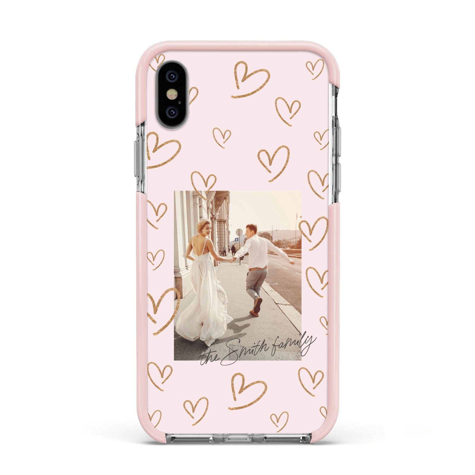 Valentines Day Newly Wed Photo Personalised Apple iPhone Xs Impact Case Pink Edge on Silver Phone