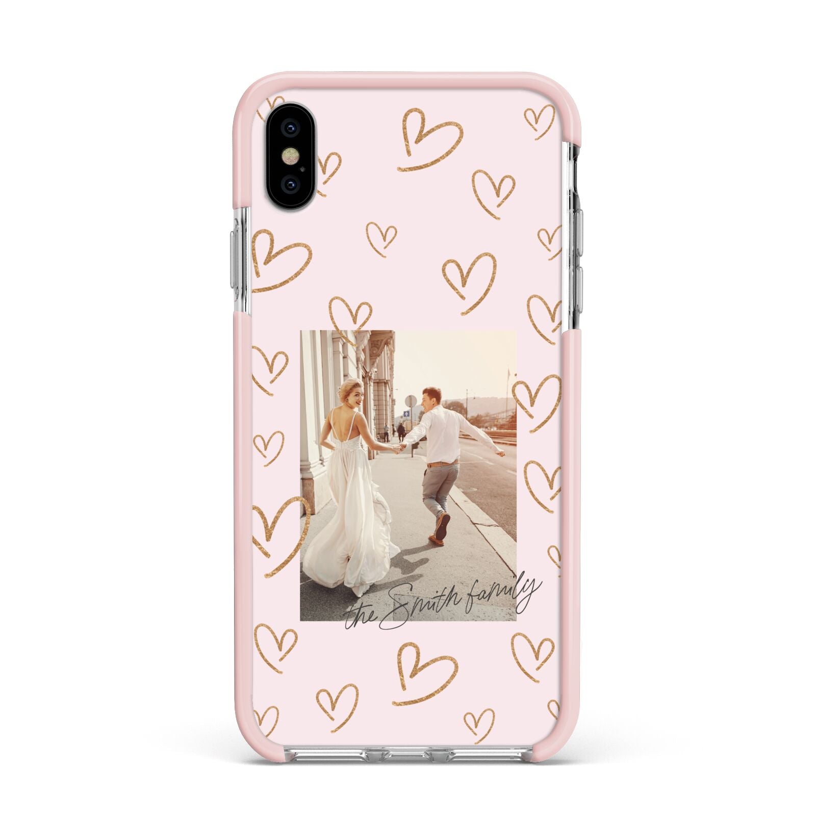 Valentines Day Newly Wed Photo Personalised Apple iPhone Xs Max Impact Case Pink Edge on Silver Phone