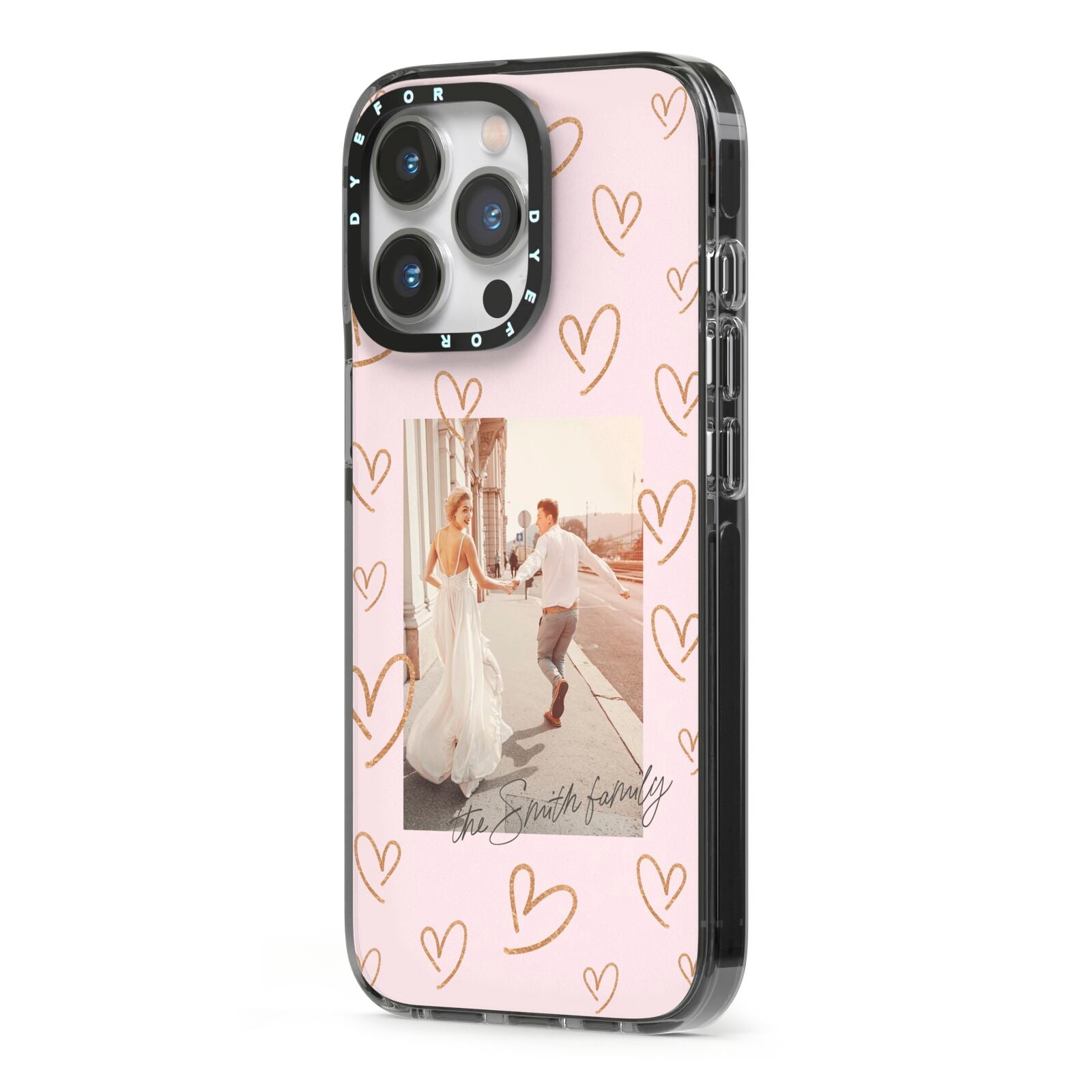 Valentines Day Newly Wed Photo Personalised iPhone 13 Pro Black Impact Case Side Angle on Silver phone