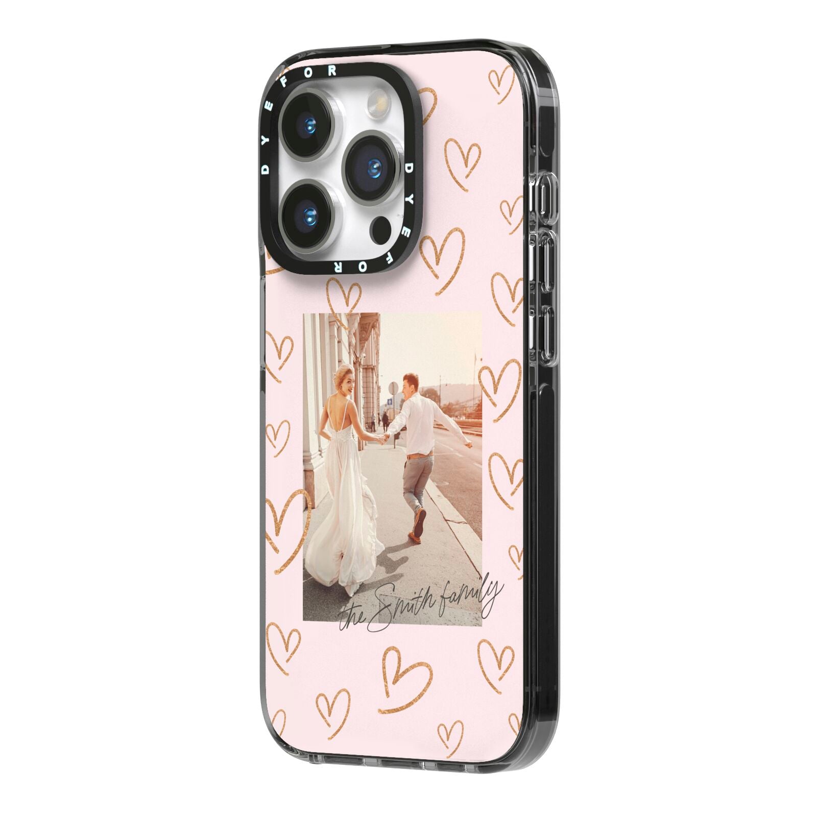 Valentines Day Newly Wed Photo Personalised iPhone 14 Pro Black Impact Case Side Angle on Silver phone