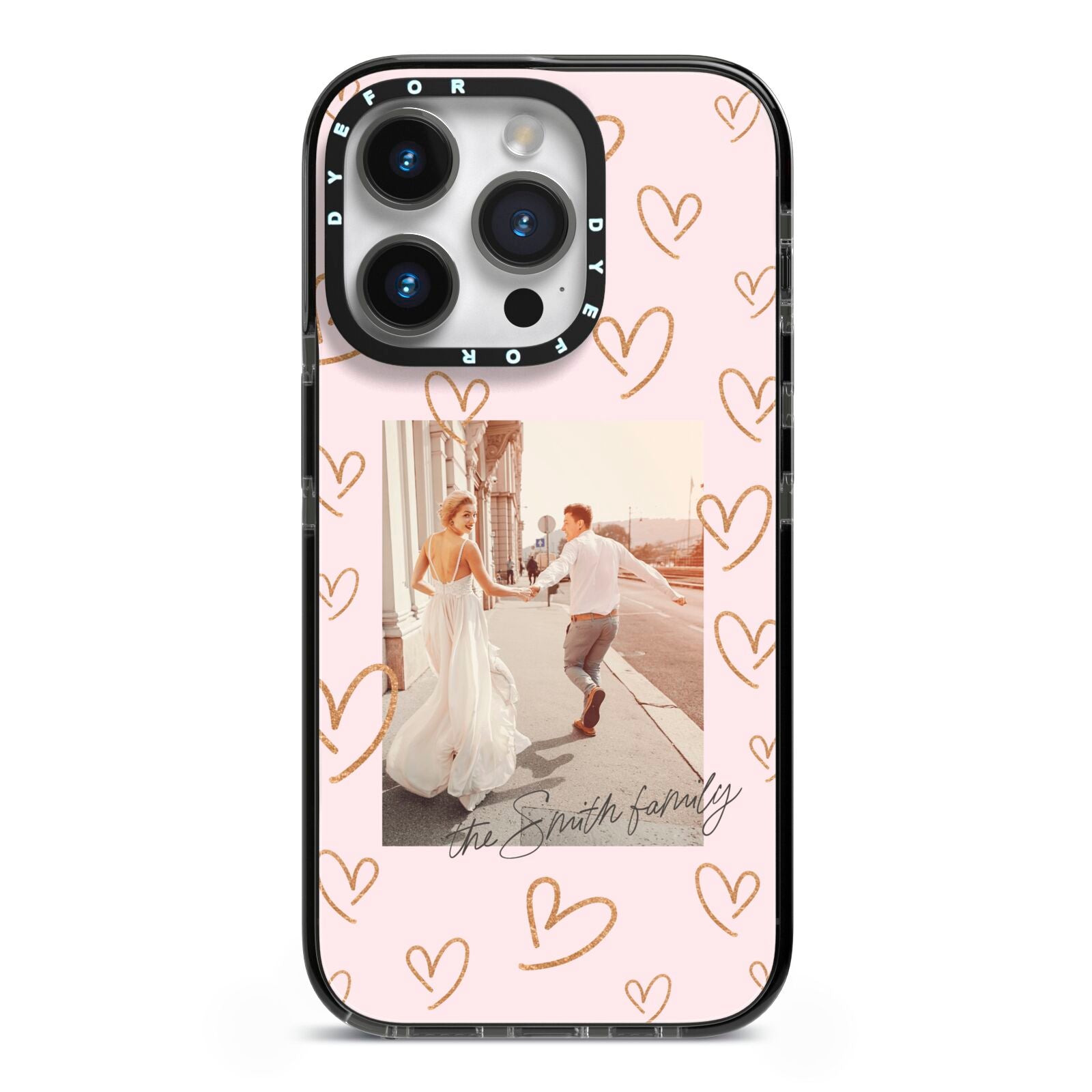 Valentines Day Newly Wed Photo Personalised iPhone 14 Pro Black Impact Case on Silver phone