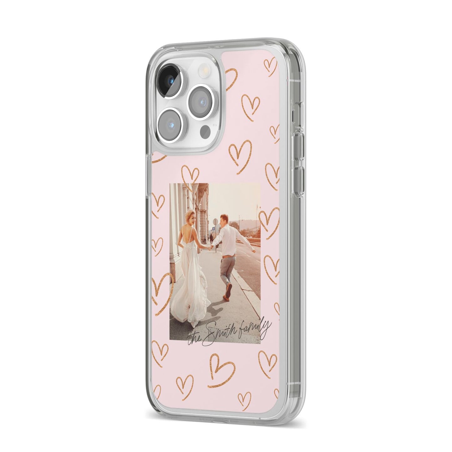 Valentines Day Newly Wed Photo Personalised iPhone 14 Pro Max Clear Tough Case Silver Angled Image