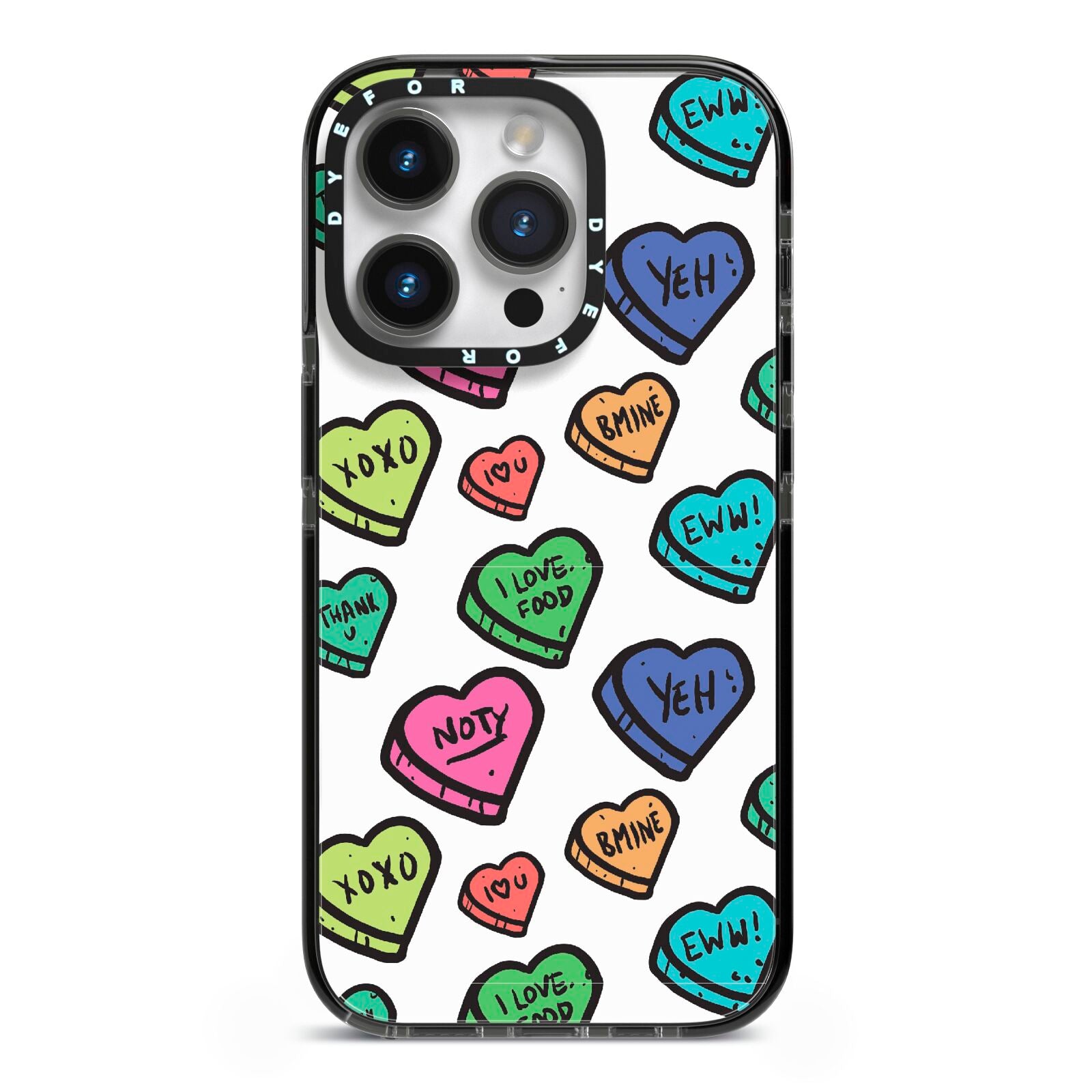 Valentines Love Heart Sweets iPhone 14 Pro Black Impact Case on Silver phone