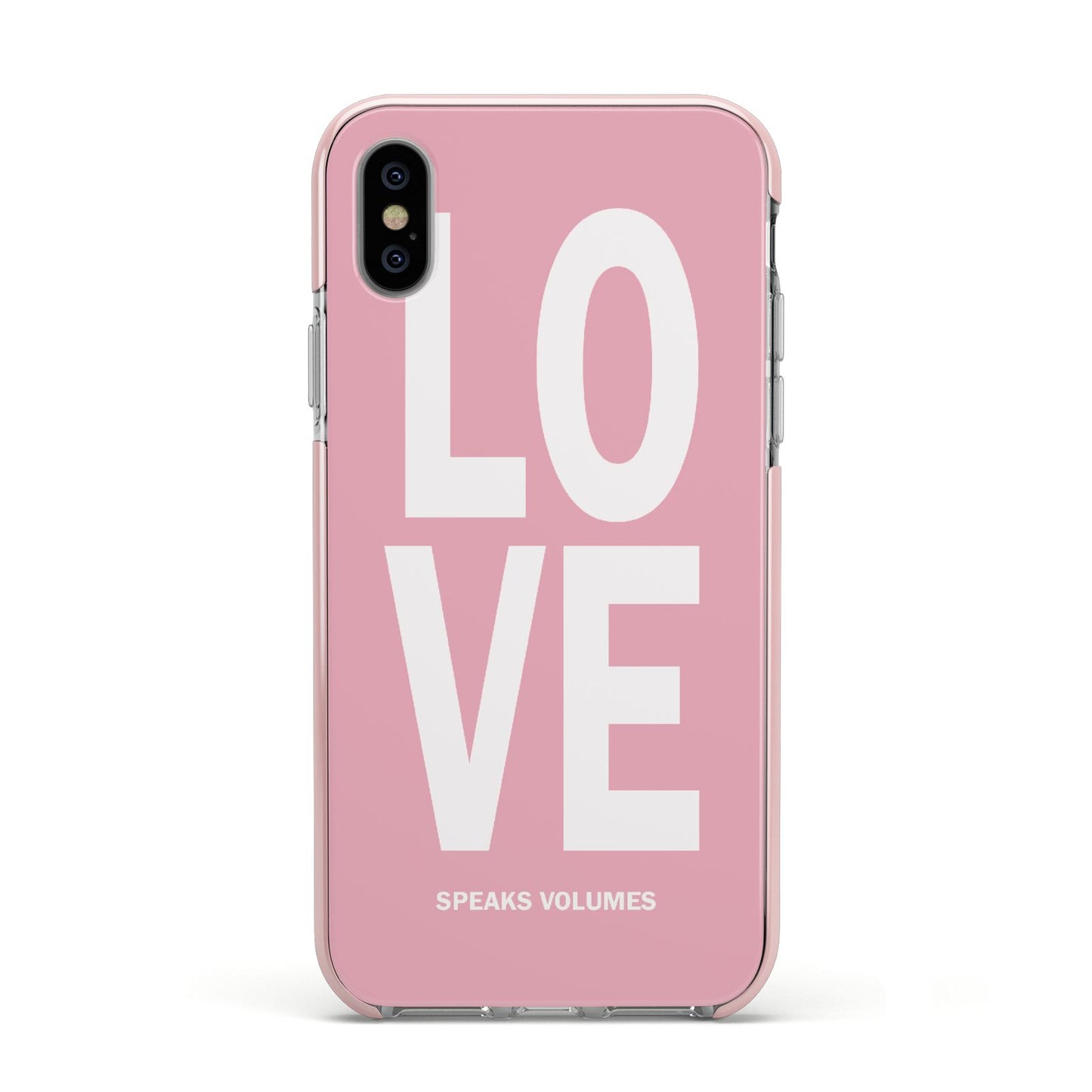 Valentines Love Speaks Volumes Apple iPhone Xs Impact Case Pink Edge on Silver Phone
