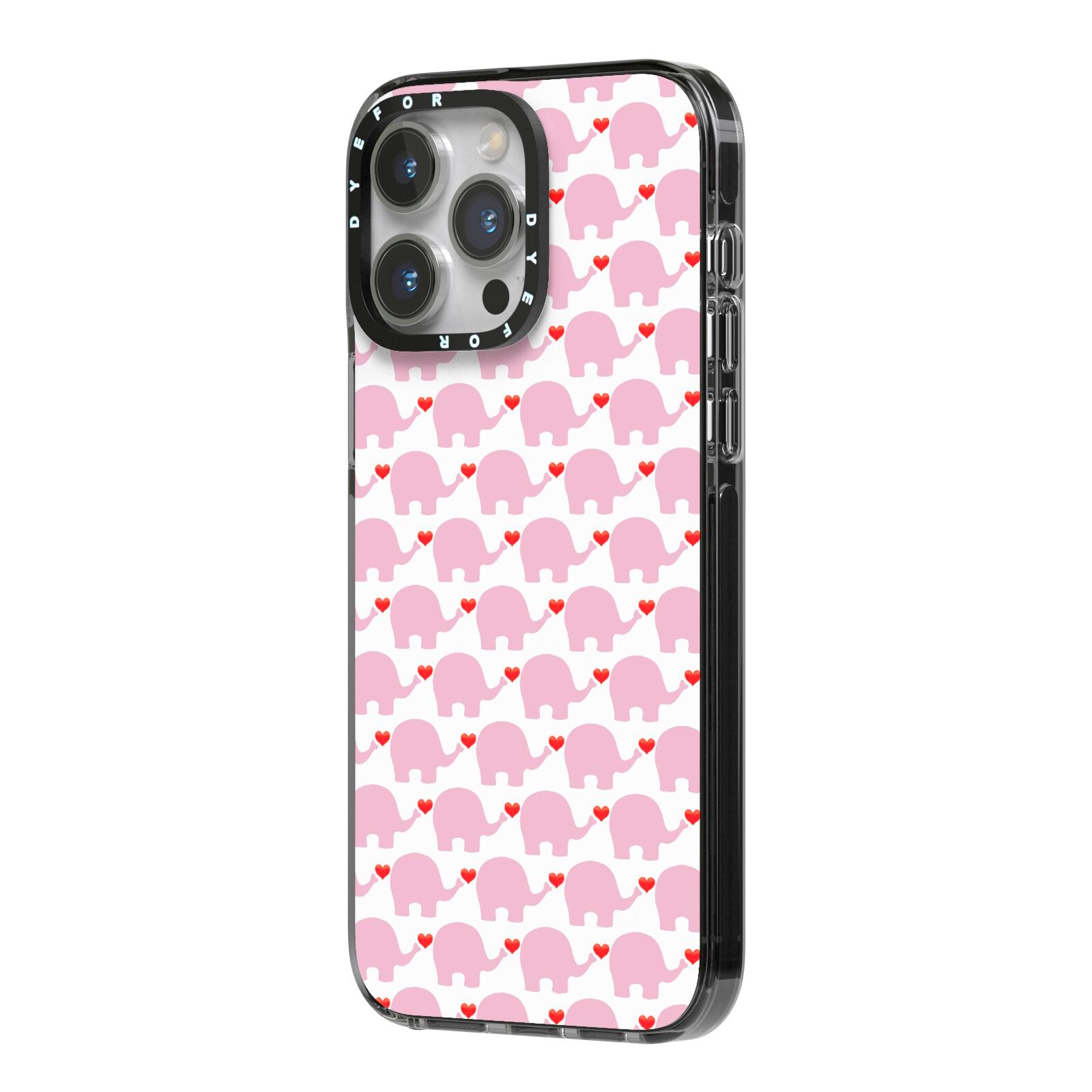 Valentines Pink Elephants iPhone 14 Pro Max Black Impact Case Side Angle on Silver phone