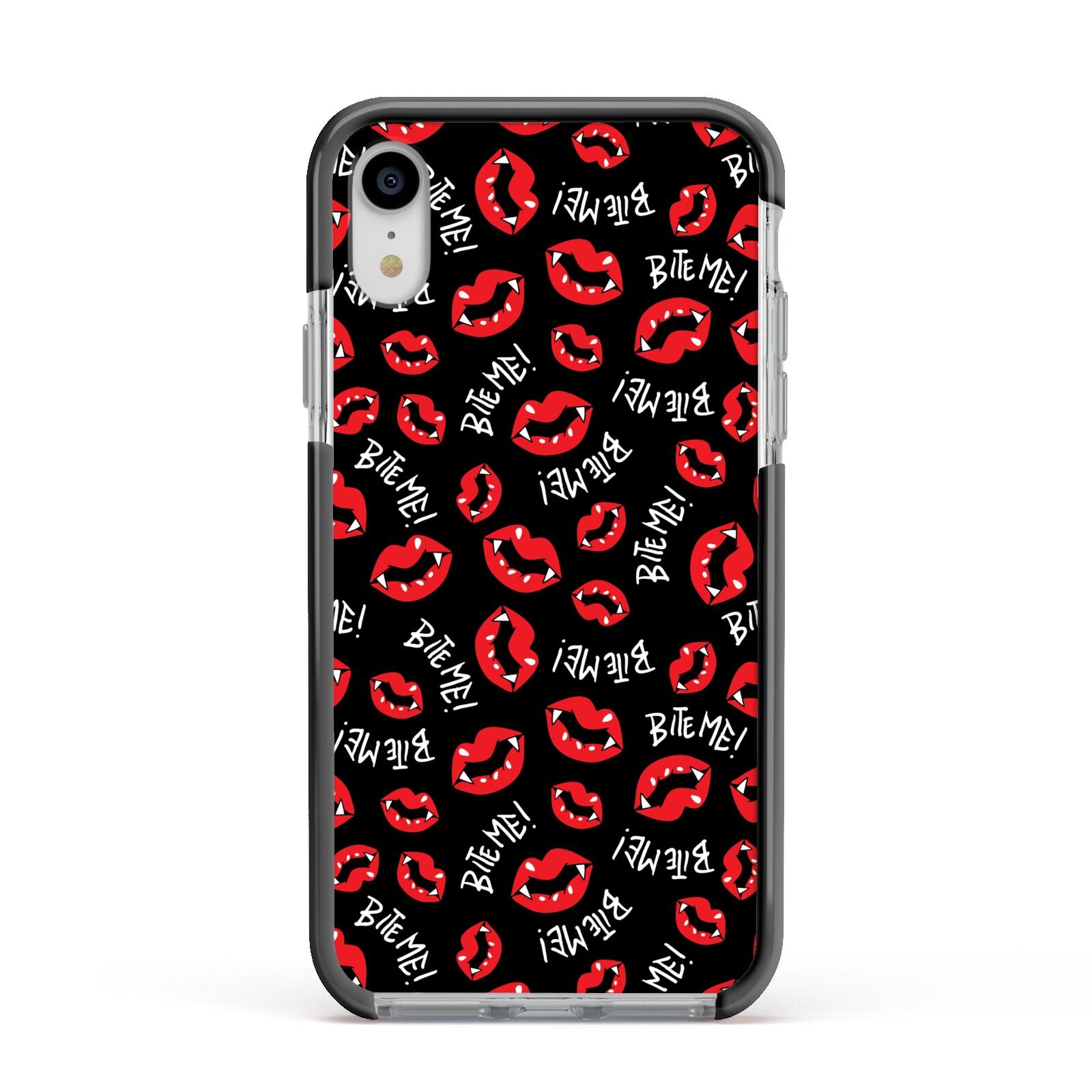 Vampire Bite Me Apple iPhone XR Impact Case Black Edge on Silver Phone