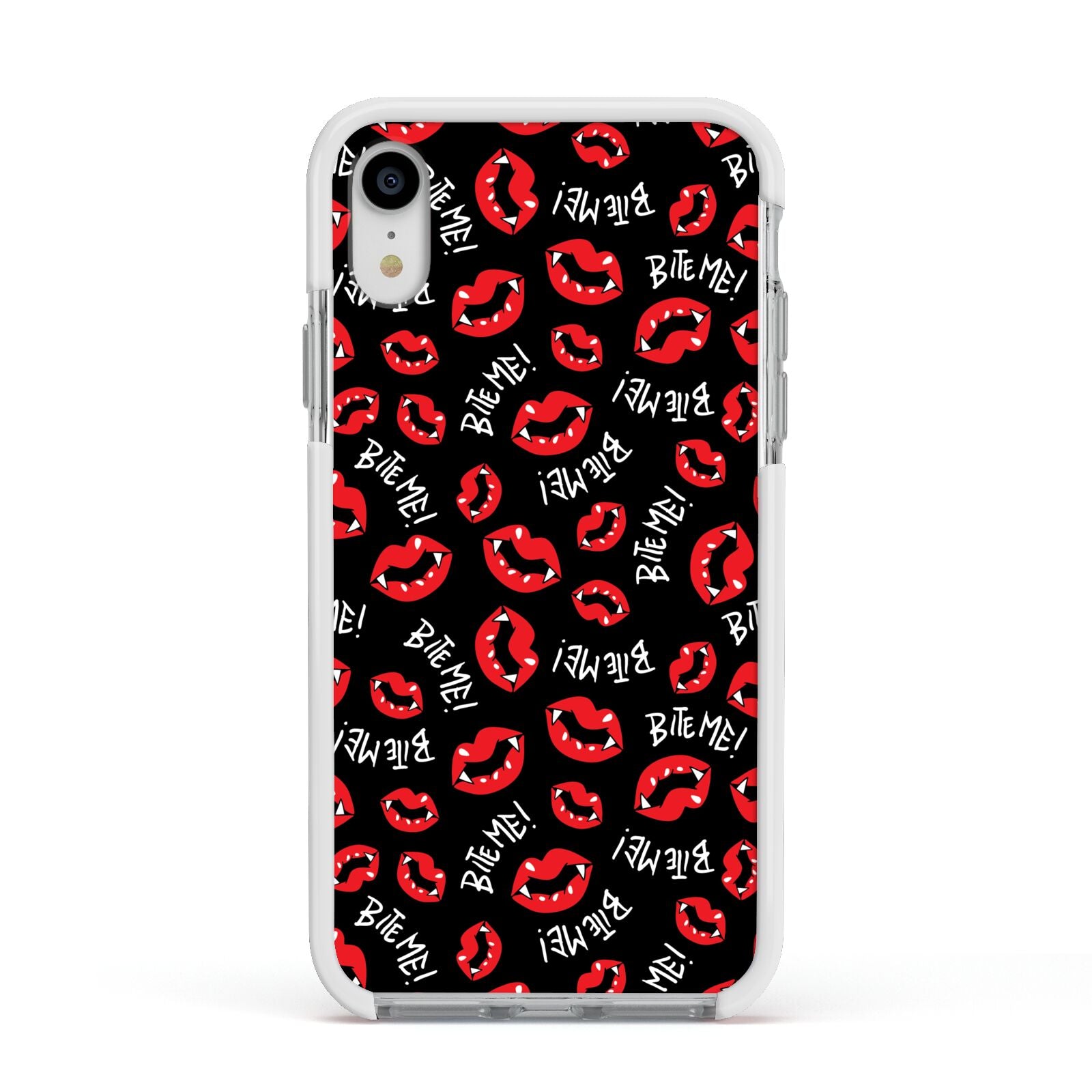 Vampire Bite Me Apple iPhone XR Impact Case White Edge on Silver Phone