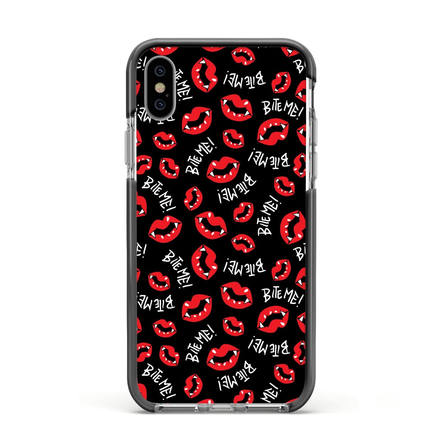 Vampire Bite Me Apple iPhone Xs Impact Case Black Edge on Silver Phone