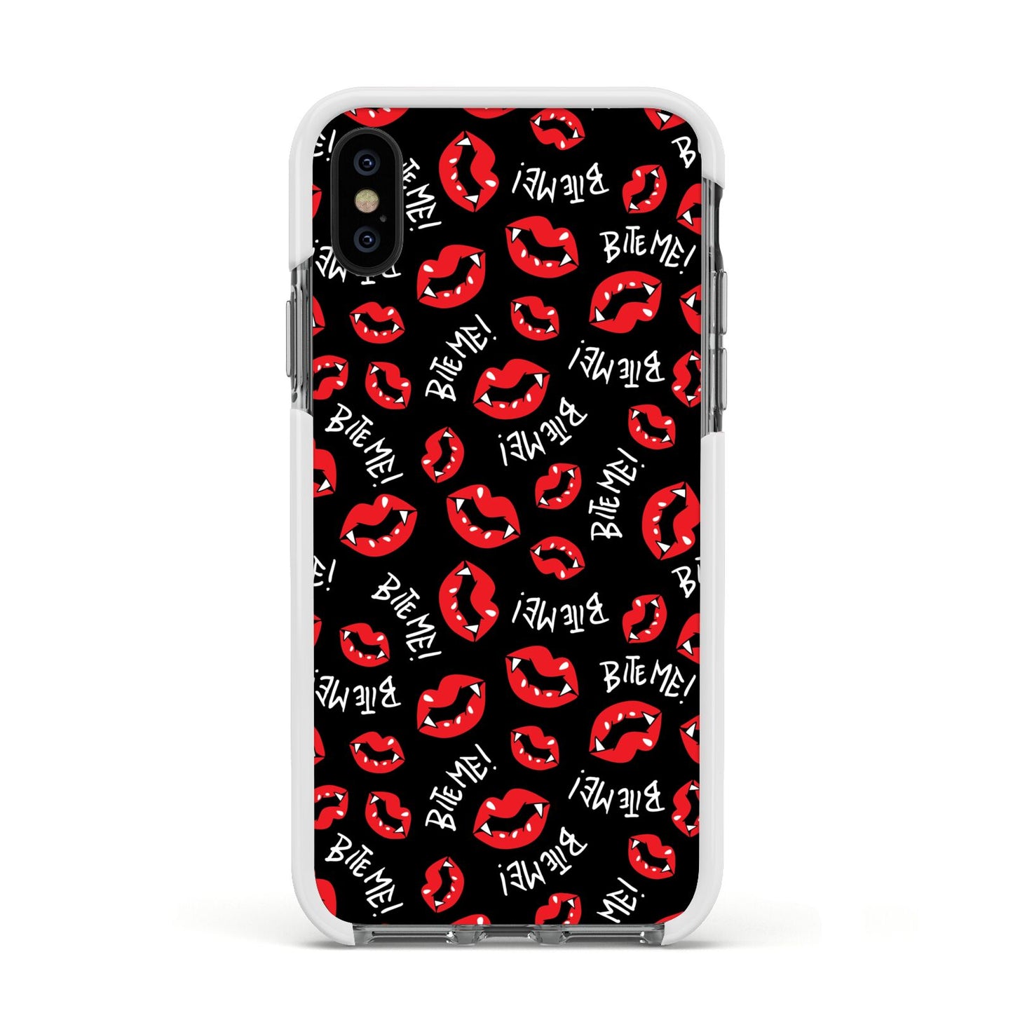 Vampire Bite Me Apple iPhone Xs Impact Case White Edge on Black Phone