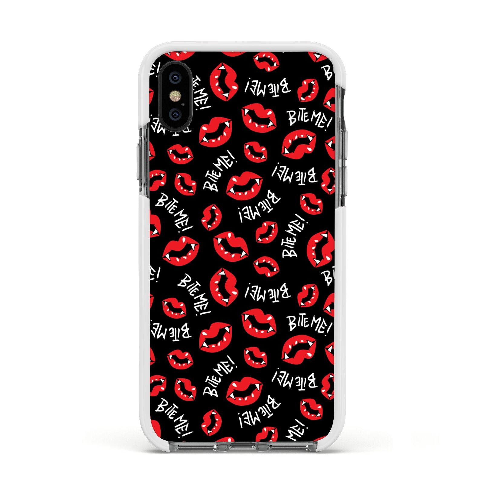 Vampire Bite Me Apple iPhone Xs Impact Case White Edge on Black Phone