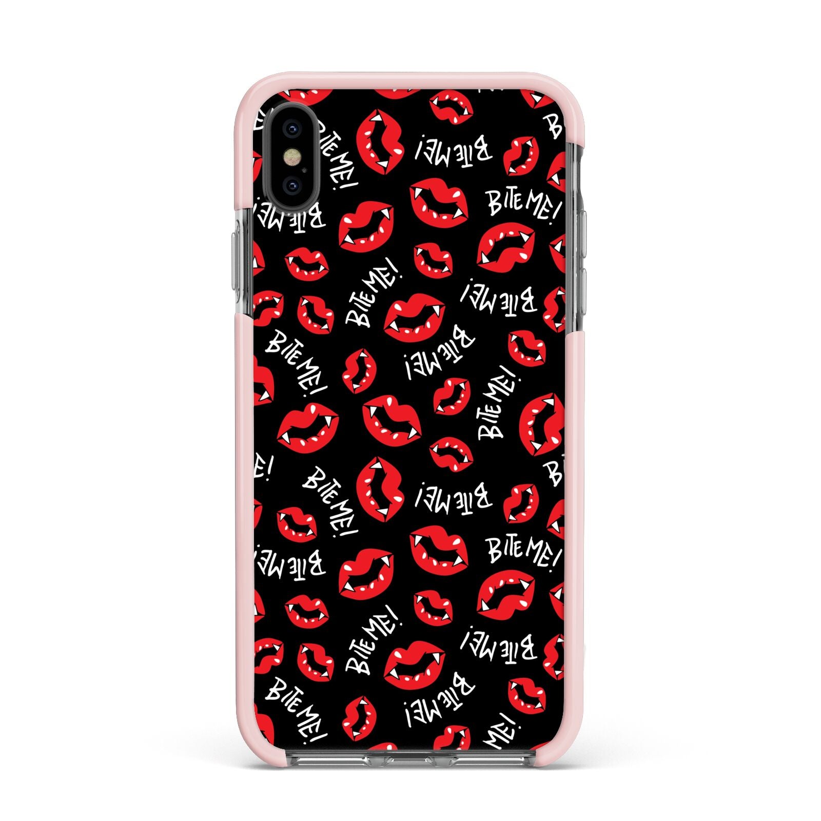 Vampire Bite Me Apple iPhone Xs Max Impact Case Pink Edge on Black Phone