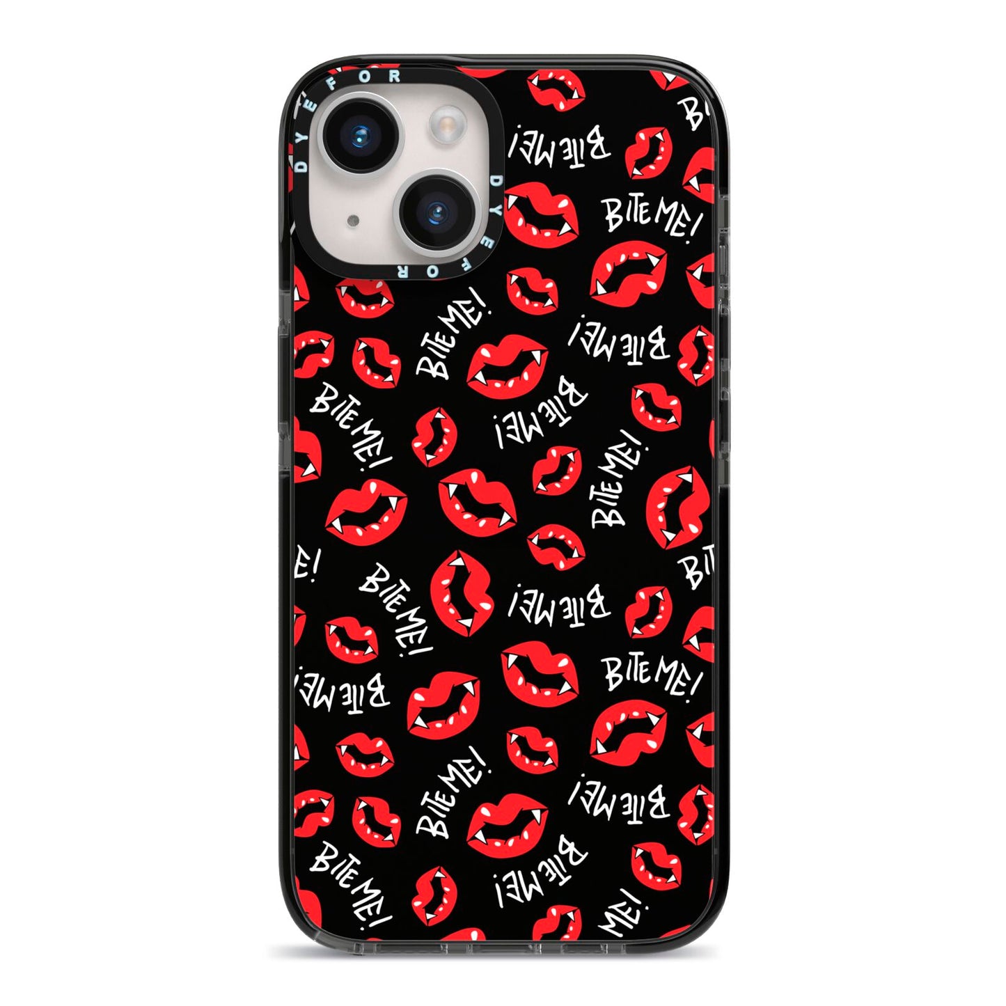 Vampire Bite Me iPhone 14 Black Impact Case on Silver phone