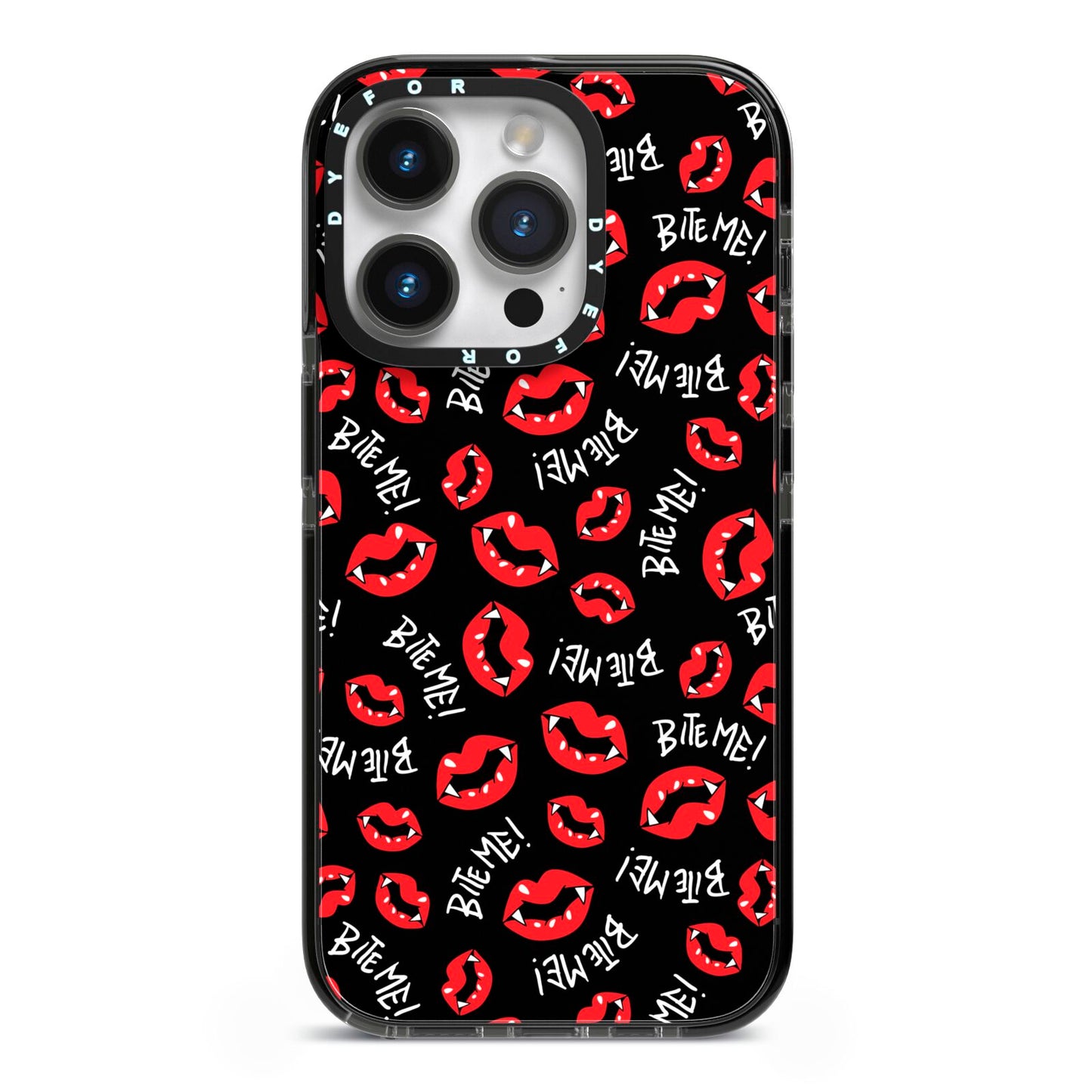 Vampire Bite Me iPhone 14 Pro Black Impact Case on Silver phone