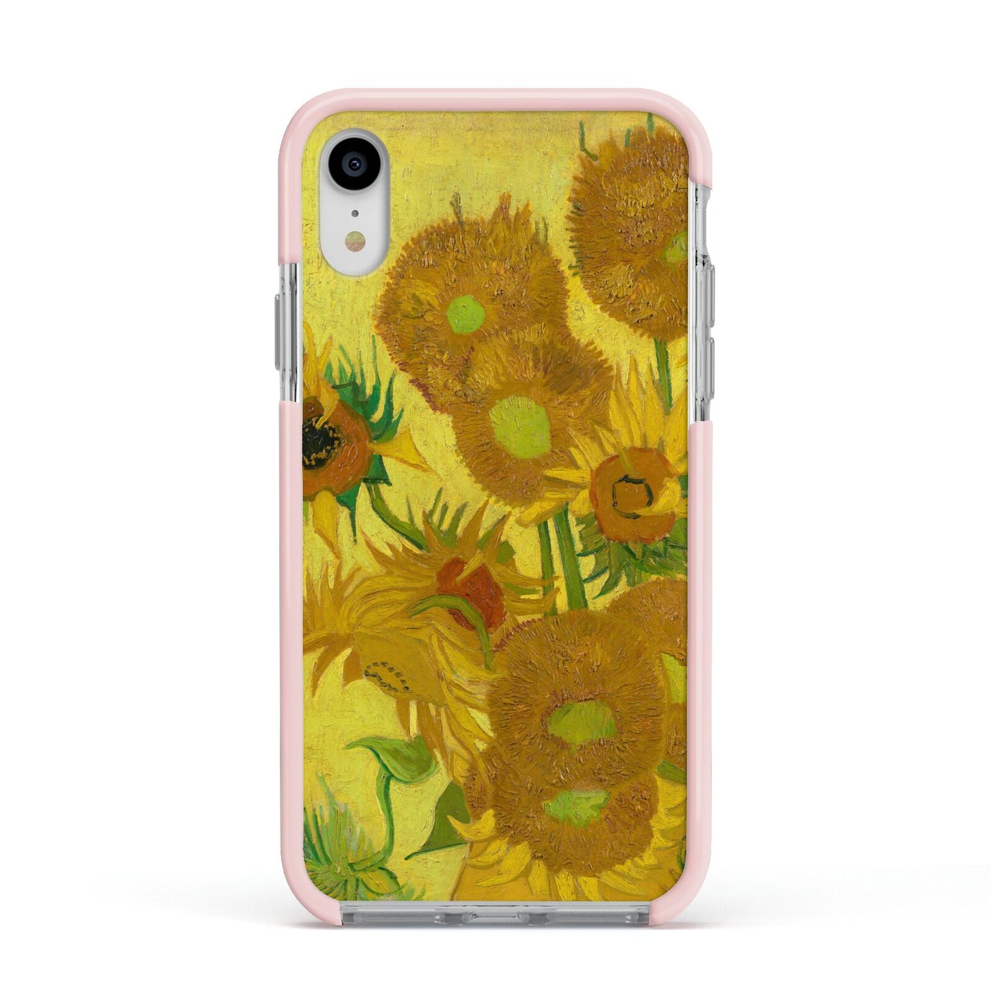 Van Gogh Sunflowers Apple iPhone XR Impact Case Pink Edge on Silver Phone