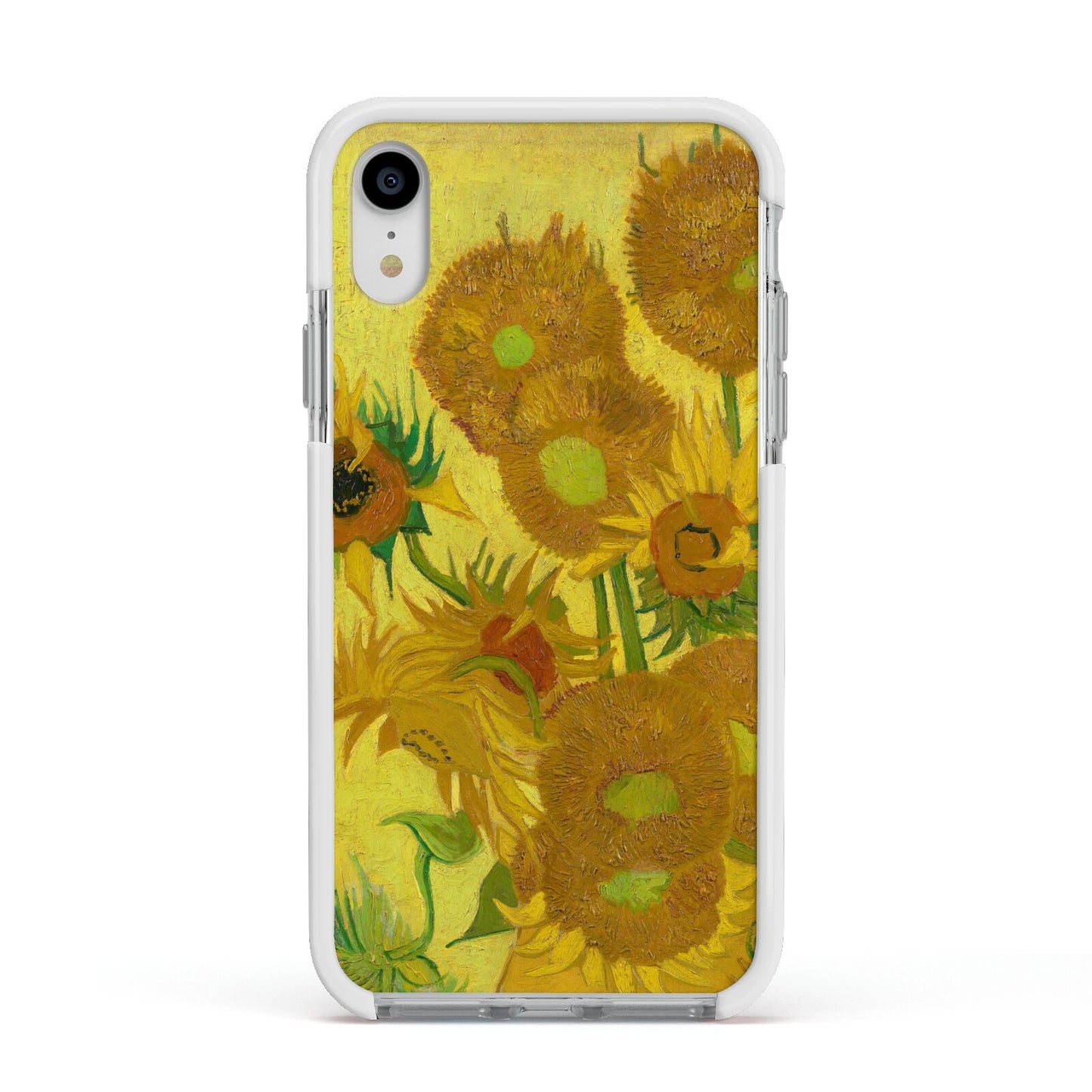 Van Gogh Sunflowers Apple iPhone XR Impact Case White Edge on Silver Phone