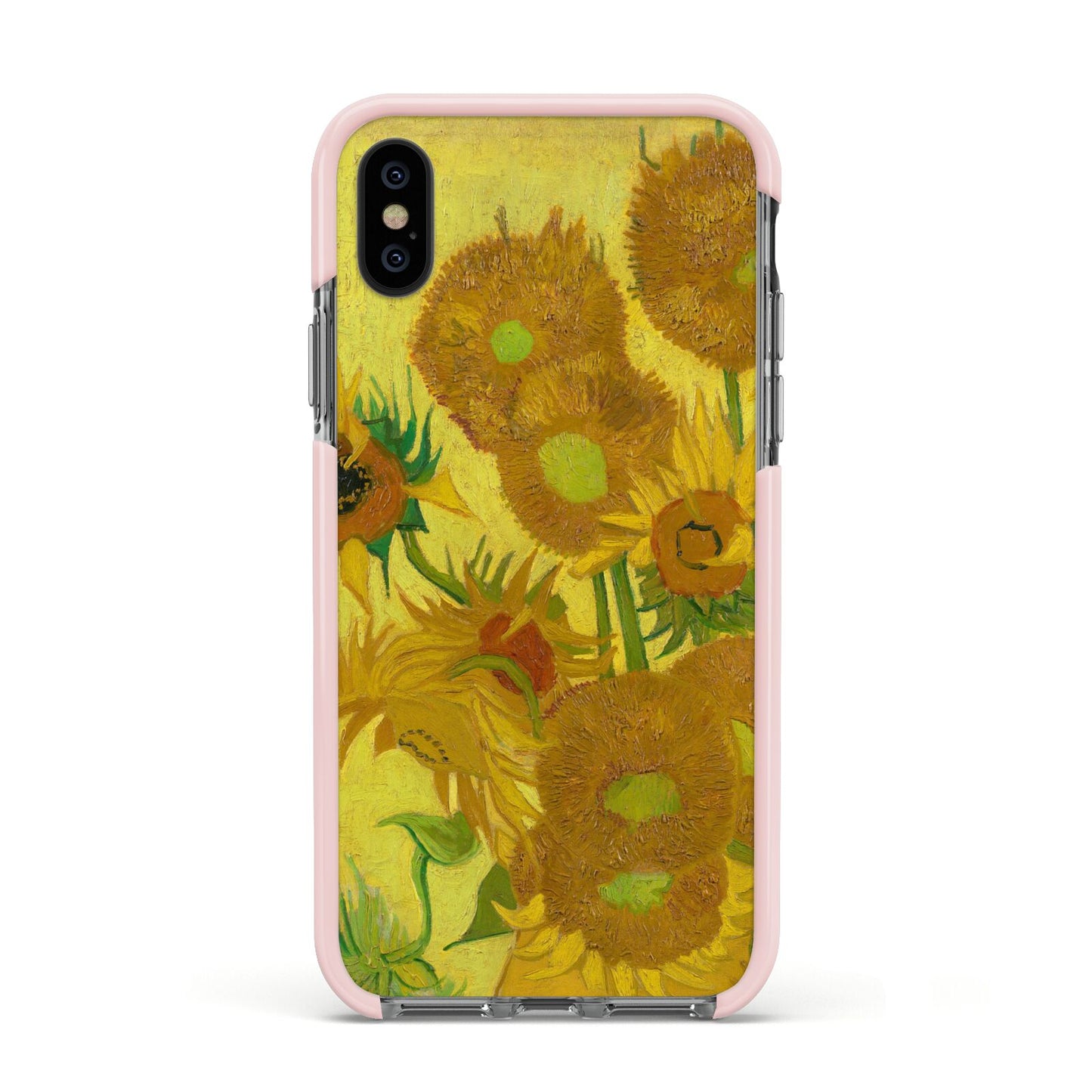 Van Gogh Sunflowers Apple iPhone Xs Impact Case Pink Edge on Black Phone