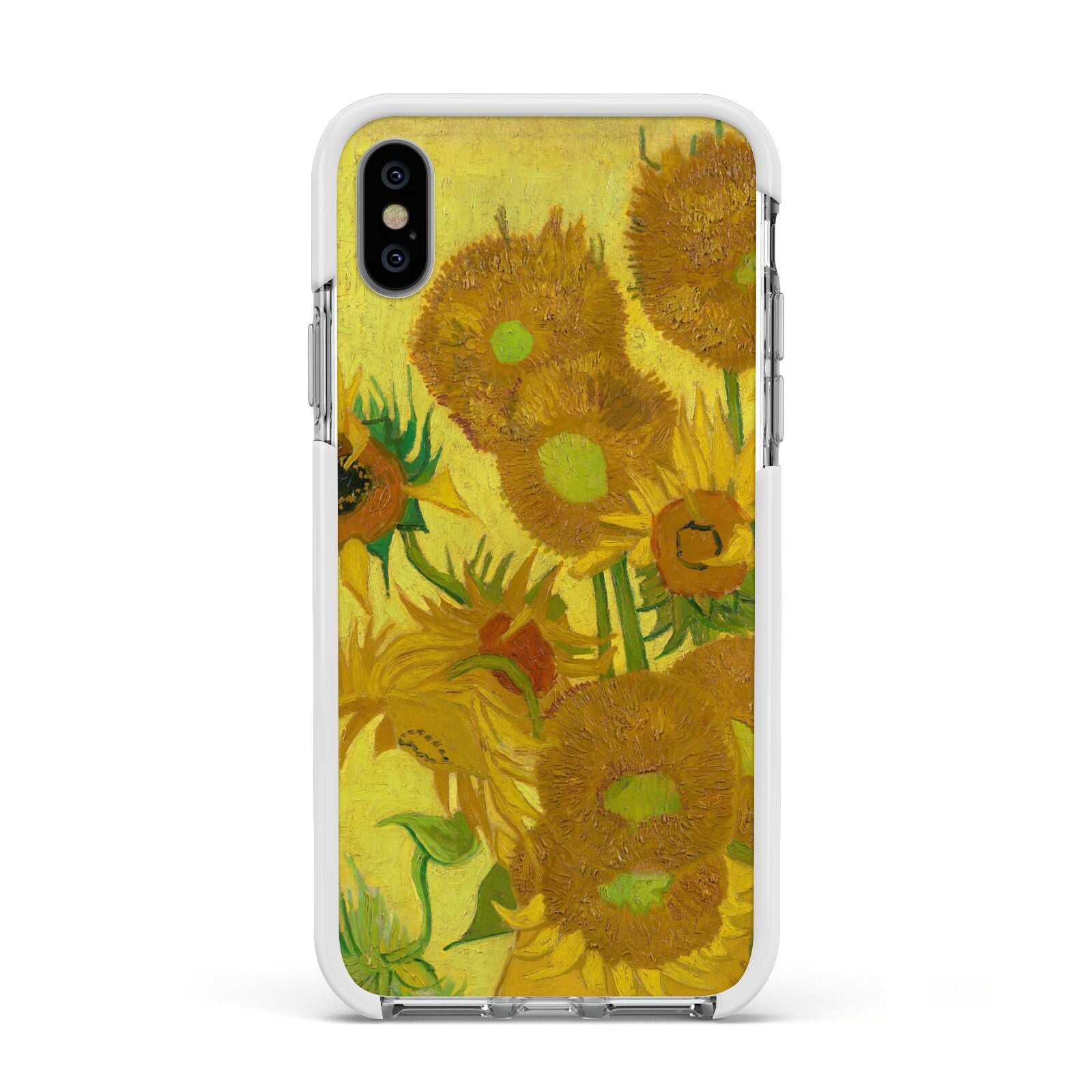 Van Gogh Sunflowers Apple iPhone Xs Impact Case White Edge on Silver Phone