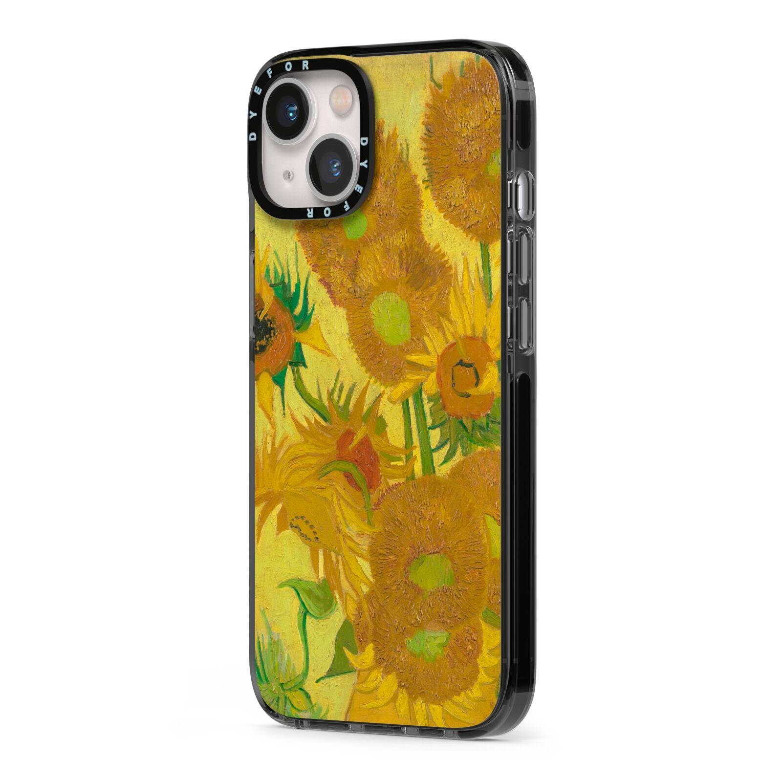 Van Gogh Sunflowers iPhone 13 Black Impact Case Side Angle on Silver phone