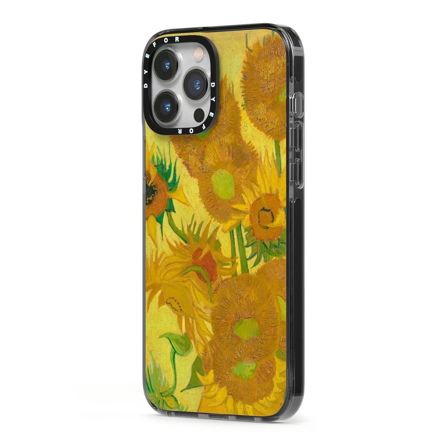 Van Gogh Sunflowers iPhone 13 Pro Max Black Impact Case Side Angle on Silver phone