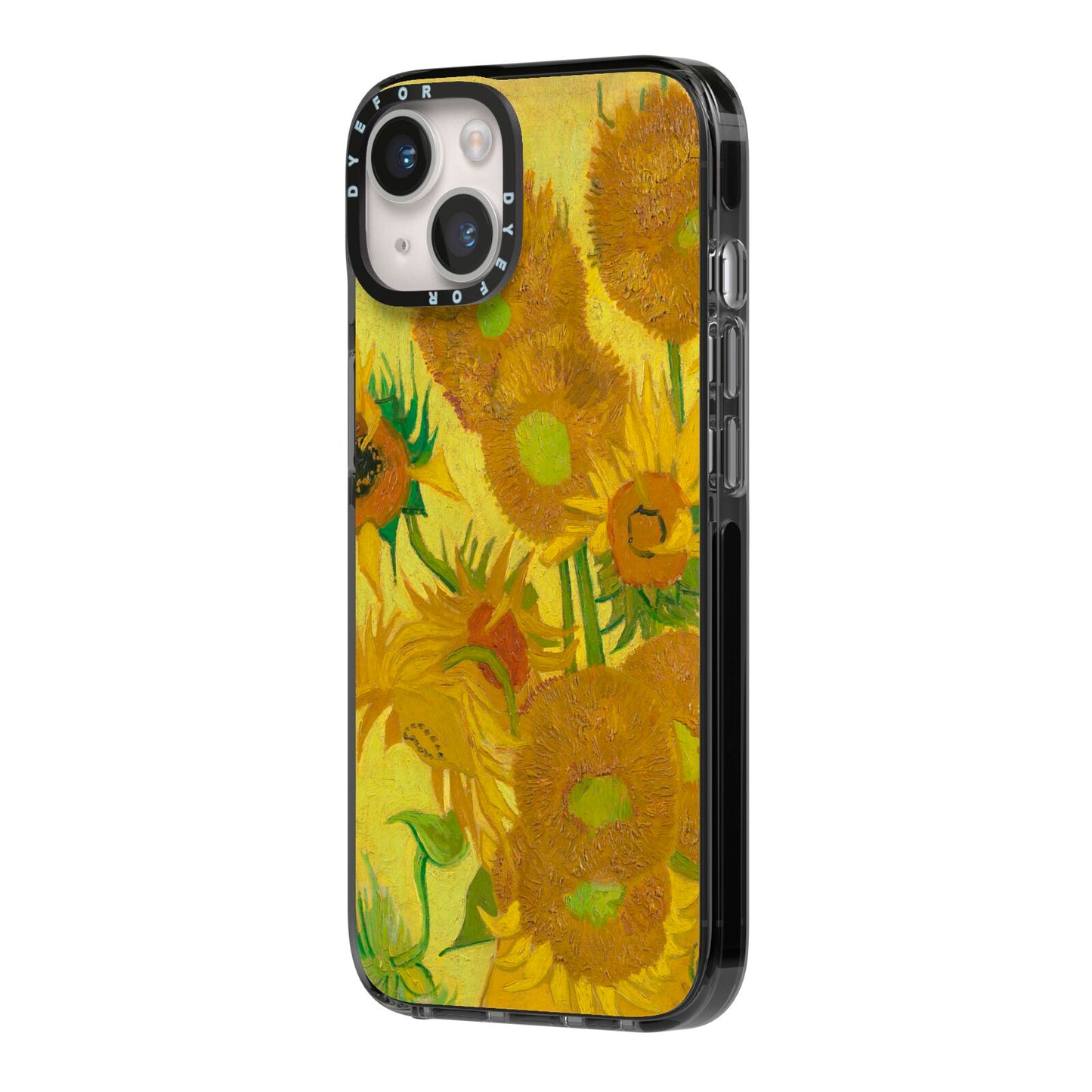Van Gogh Sunflowers iPhone 14 Black Impact Case Side Angle on Silver phone