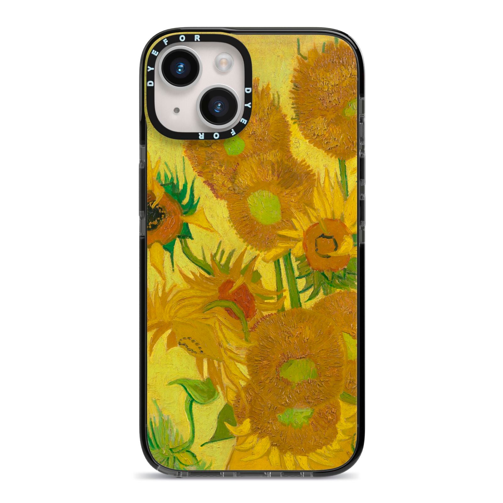 Van Gogh Sunflowers iPhone 14 Black Impact Case on Silver phone